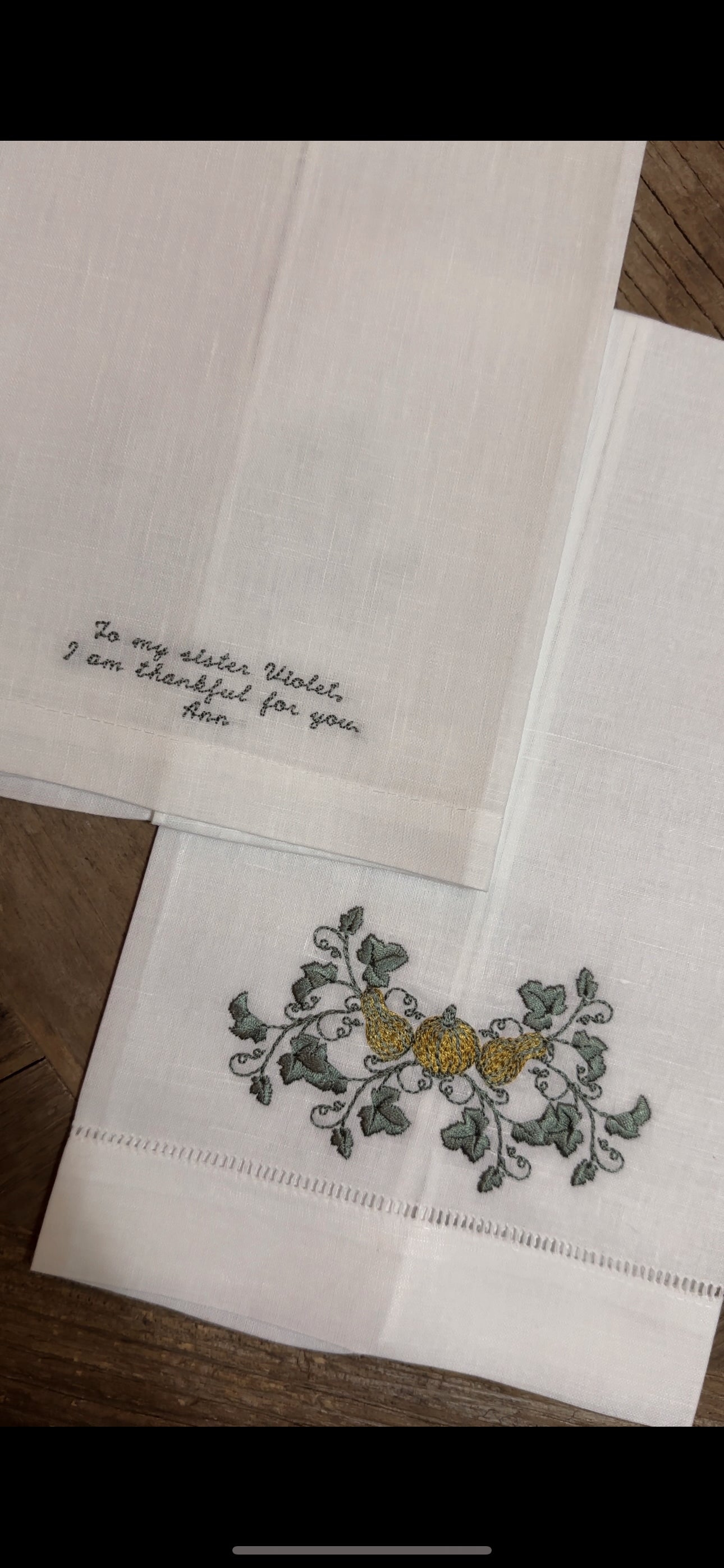 Custom Embroidered Linen Towel | 100% White Linen | Thanksgiving | Customized Handwriting Embroidered Gift | Double Sided Embroidered Towel