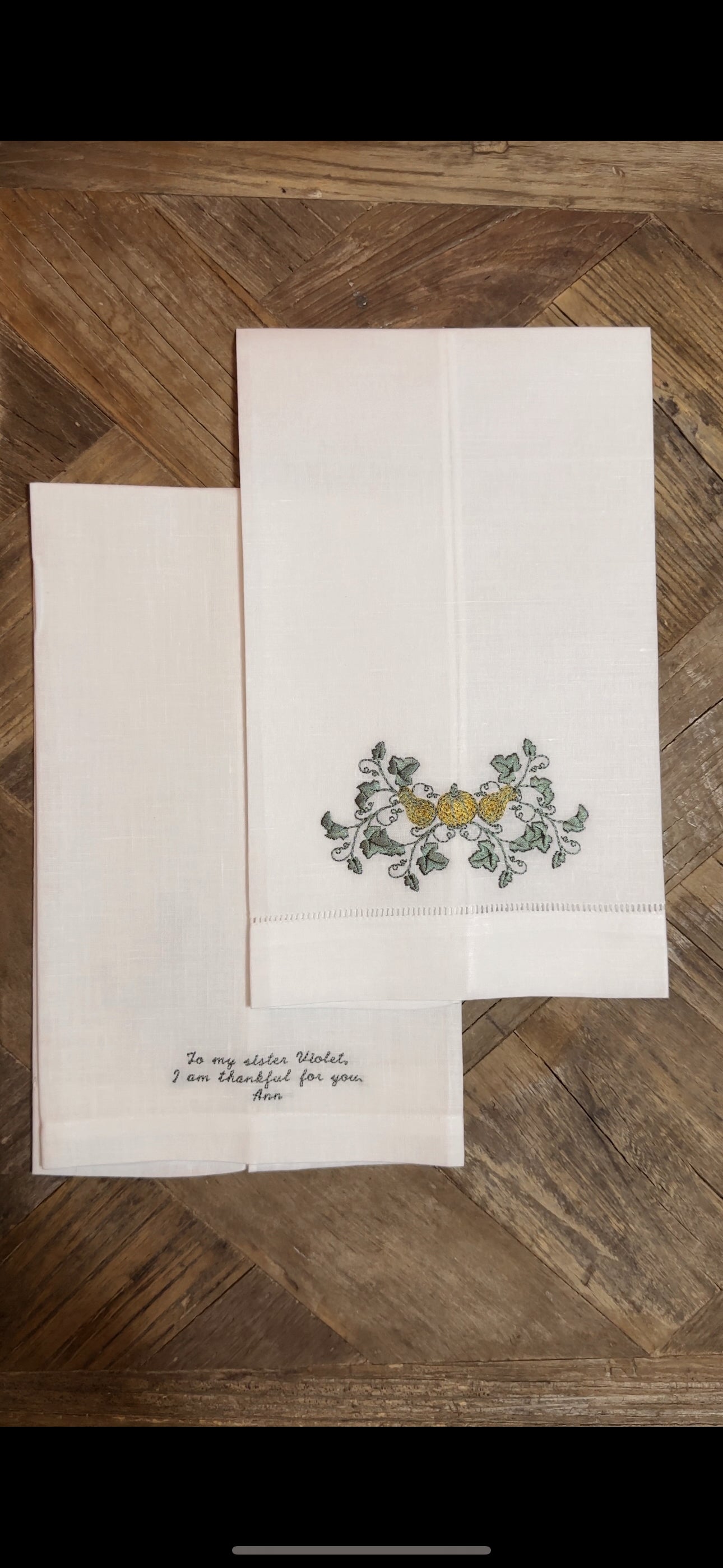 Custom Embroidered Linen Towel | 100% White Linen | Thanksgiving | Customized Handwriting Embroidered Gift | Double Sided Embroidered Towel