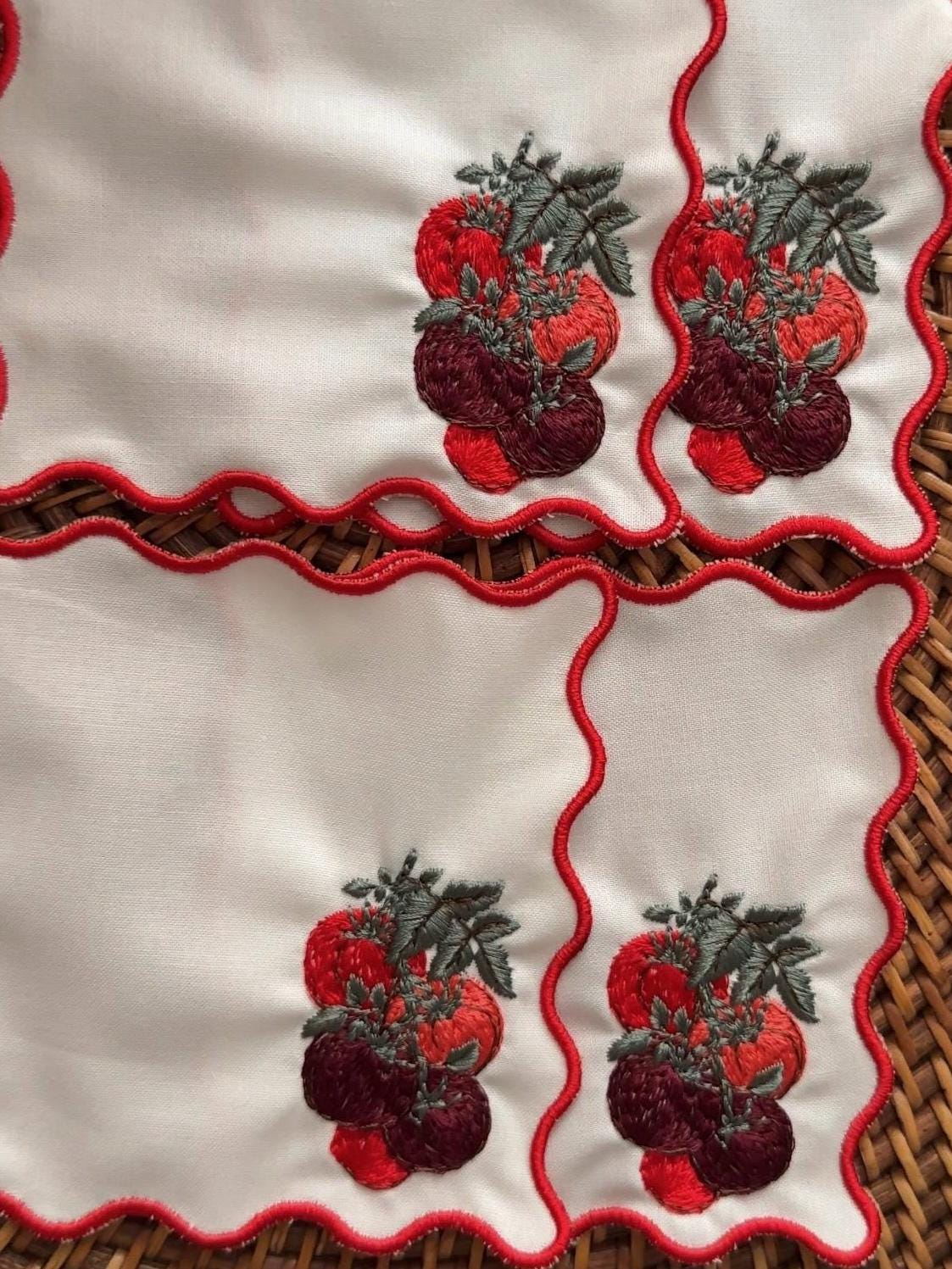 Set of Four Red Scalloped Outline Tomato Embroidered Cocktail Napkin I Cocktail Napkins I Nancy Myers Aesthetic | Vegtable Cocktail Napkins