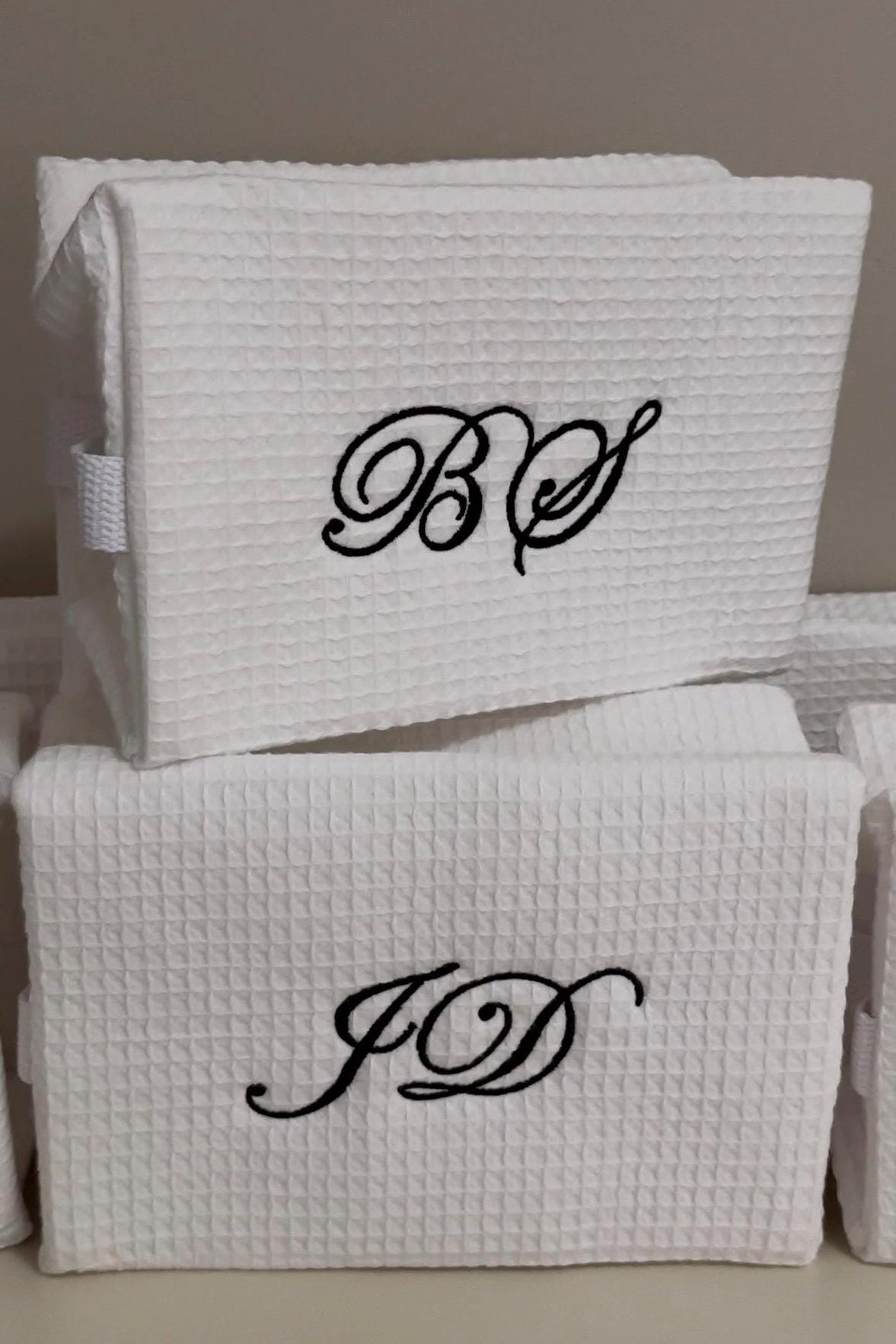 Personalized Embroidered White Waffle Cosmetic Makeup Bag I Embroidered Makeup Bag I Custom Embroidery I Custom Makeup Bag