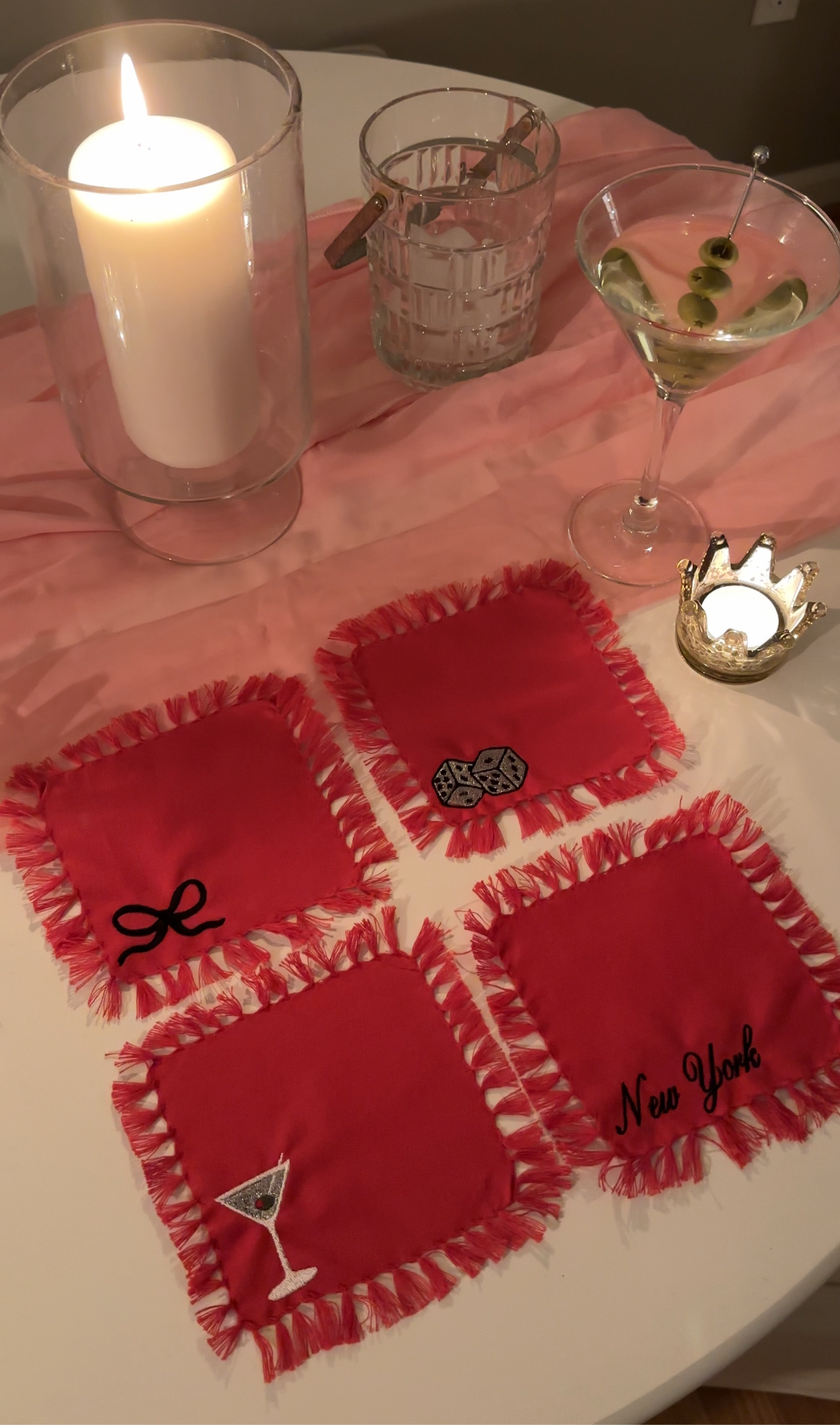 Embroidered Fringe Cocktail Napkins: New York, Dirty Martini, Dice, Bow | NY Cocktail Napkins