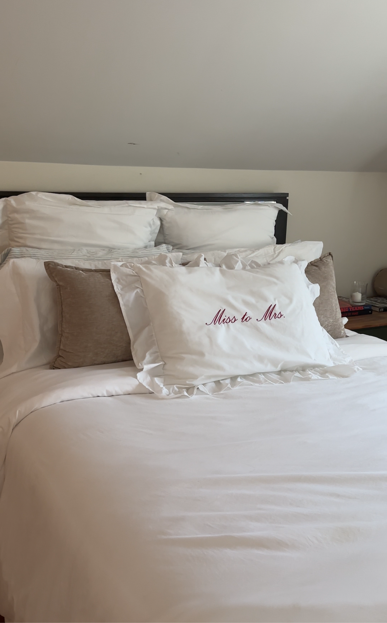 Personalized Embroidered White Ruffle Pillow Case | Just Married Pillow Case | Last name Pillow Case |  Miss to Mrs. Pillow Case