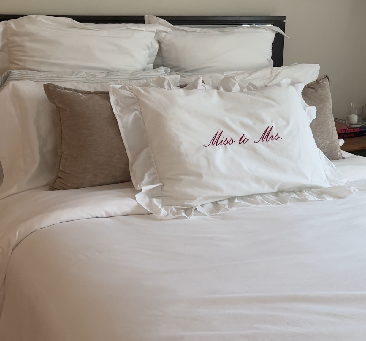 Personalized Embroidered White Ruffle Pillow Case | Just Married Pillow Case | Last name Pillow Case |  Miss to Mrs. Pillow Case