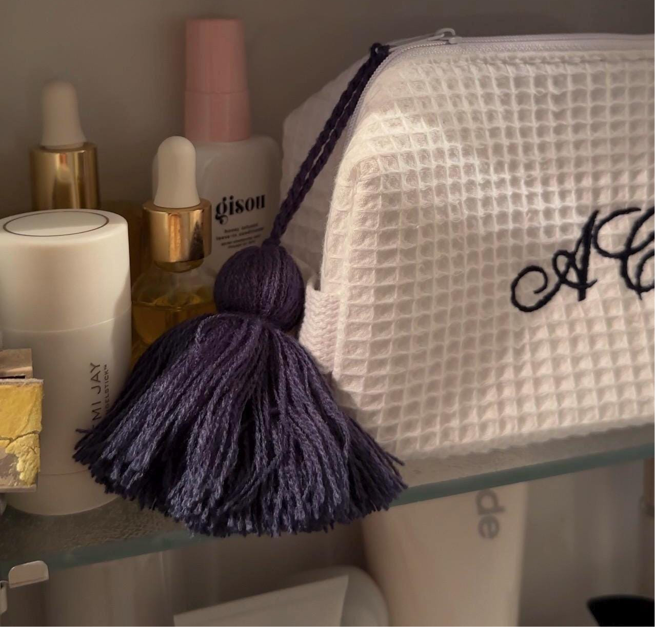 Personalized Embroidered White Waffle Cosmetic Makeup Bag I Embroidered Makeup Bag I Custom Embroidery I Custom Makeup Bag