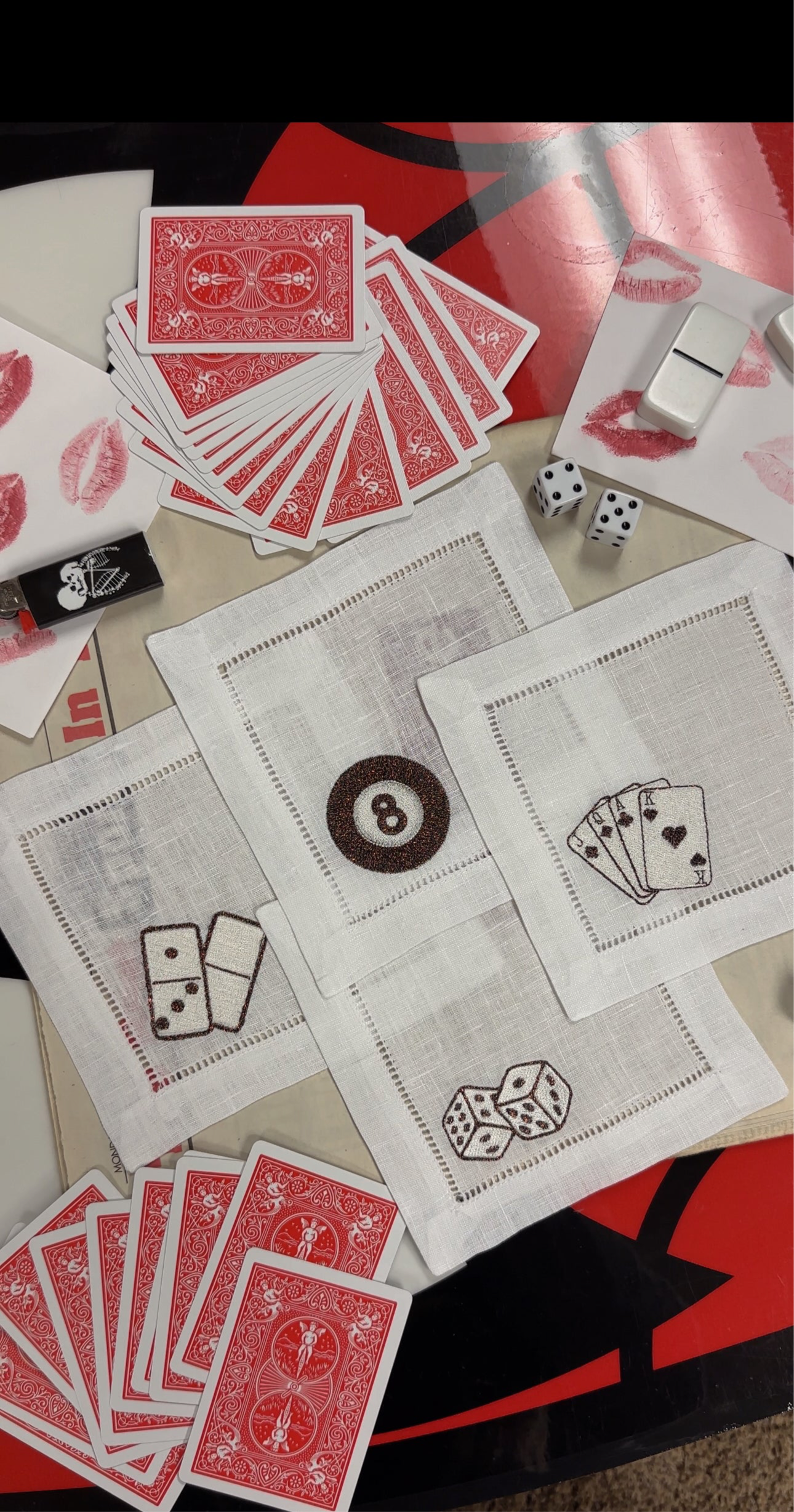 Embroidered Linen Cocktail Napkins: Game Night Set | Dice | 8 Ball | Dominos | Deck of Cards | Embroidery | Game Night Must Haves