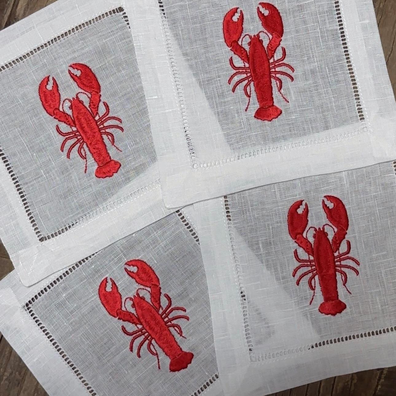 Set of Lobsters Embroidered Cocktail Napkins I Cocktail Napkins I Embroidered Cocktail Napkins | Coastal Cocktail Napkins