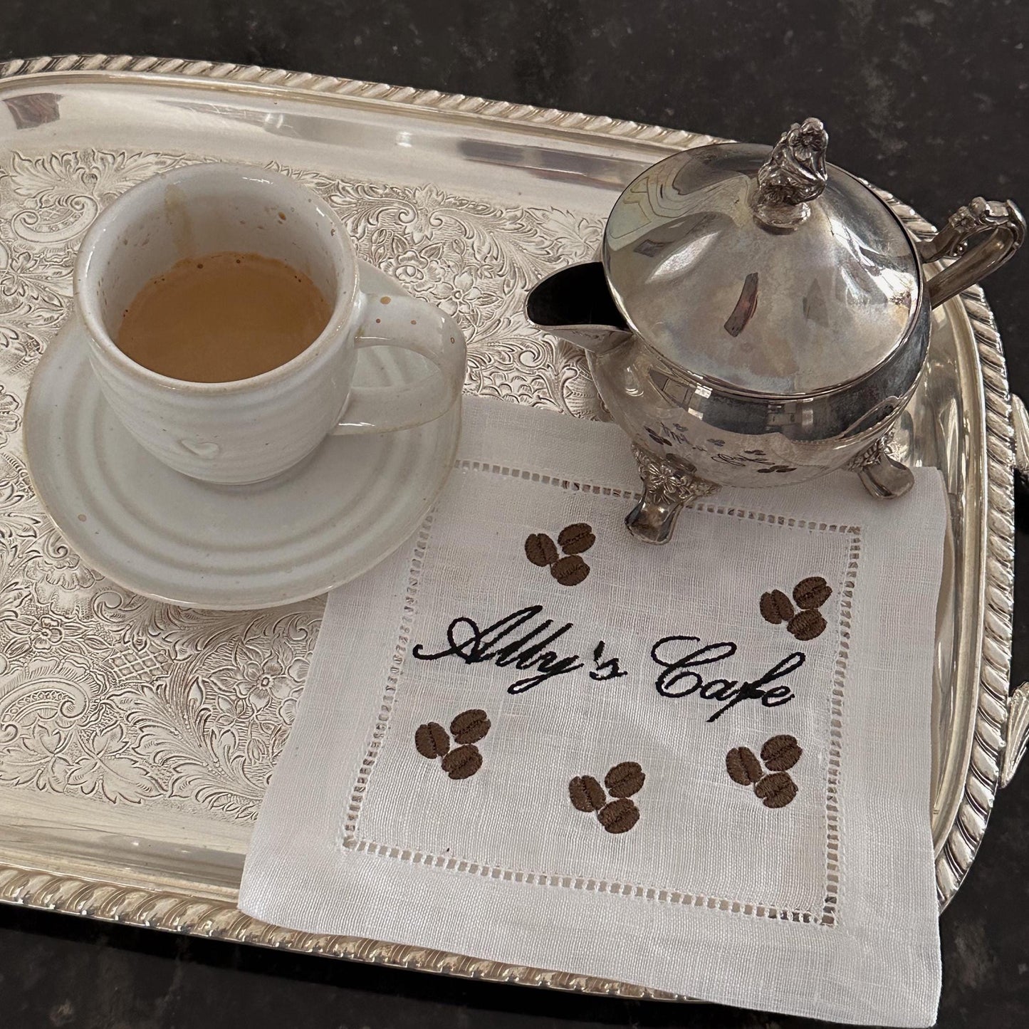 Set of Customized Name Cafe Embroidered Cocktail Napkins I Cocktail napkins I Embroidered Cocktail Napkins I Ally's Cafe I Coffee Lover
