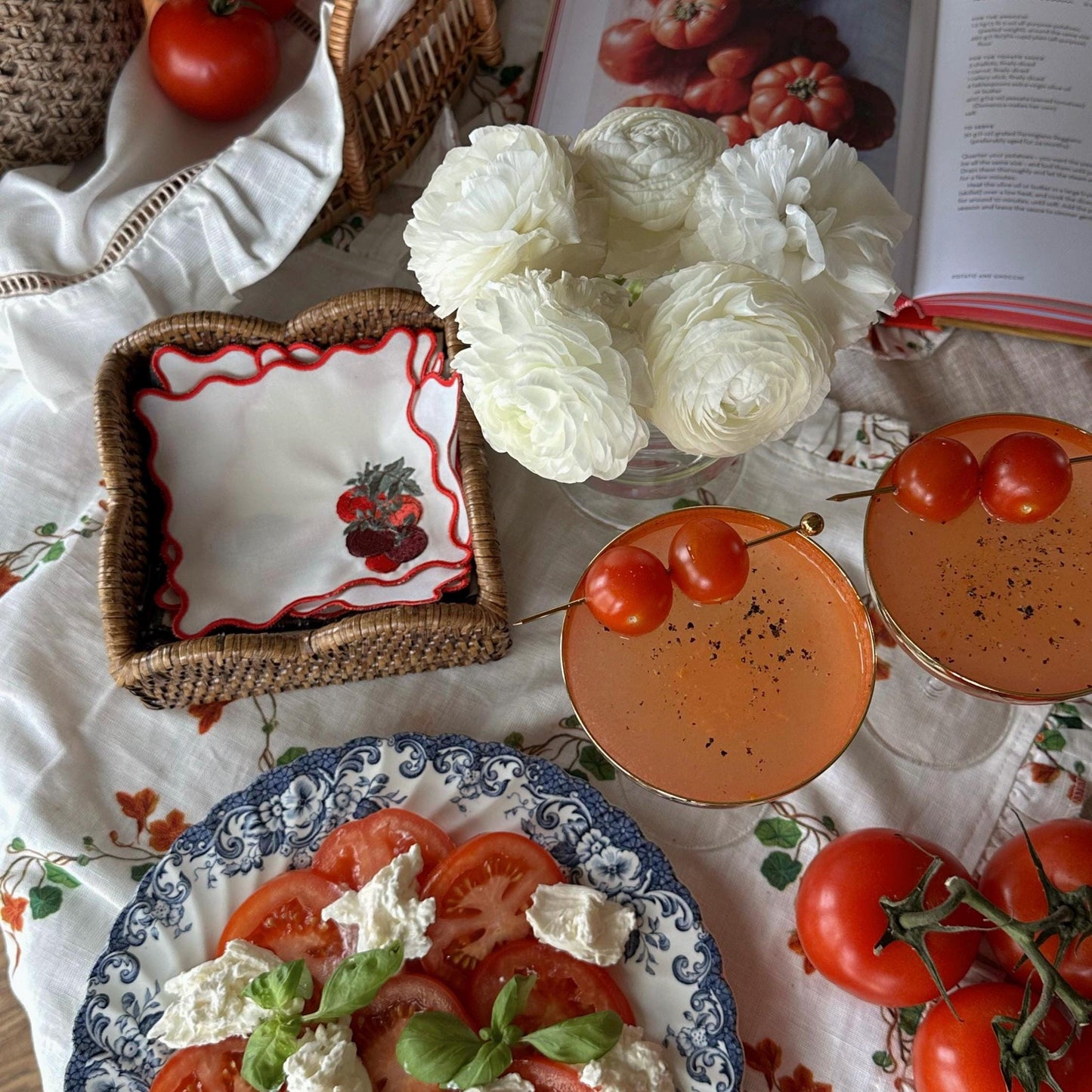 Set of Four Red Scalloped Outline Tomato Embroidered Cocktail Napkin I Cocktail Napkins I Nancy Myers Aesthetic | Vegtable Cocktail Napkins