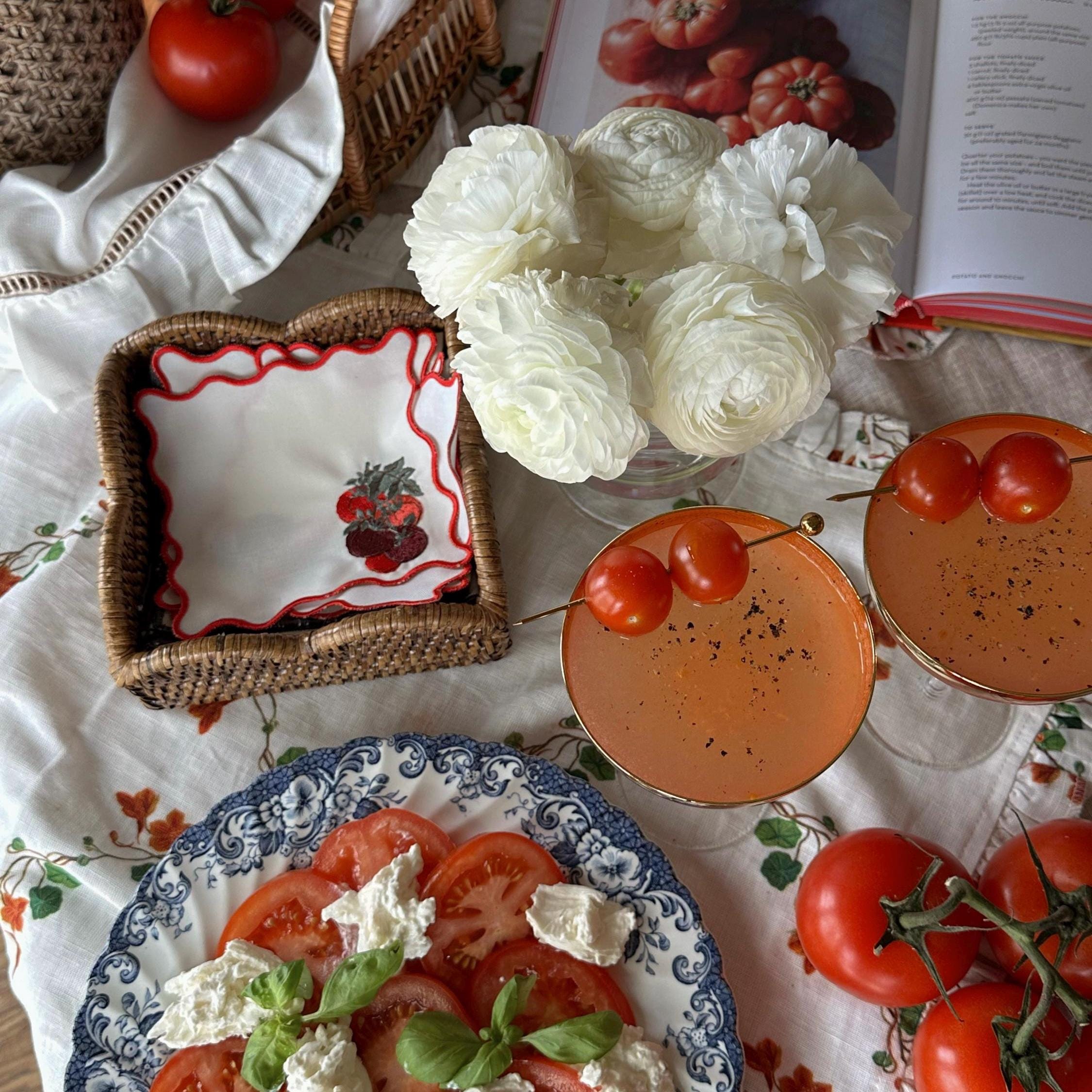 Set of Four Red Scalloped Outline Tomato Embroidered Cocktail Napkin I Cocktail Napkins I Nancy Myers Aesthetic | Vegtable Cocktail Napkins