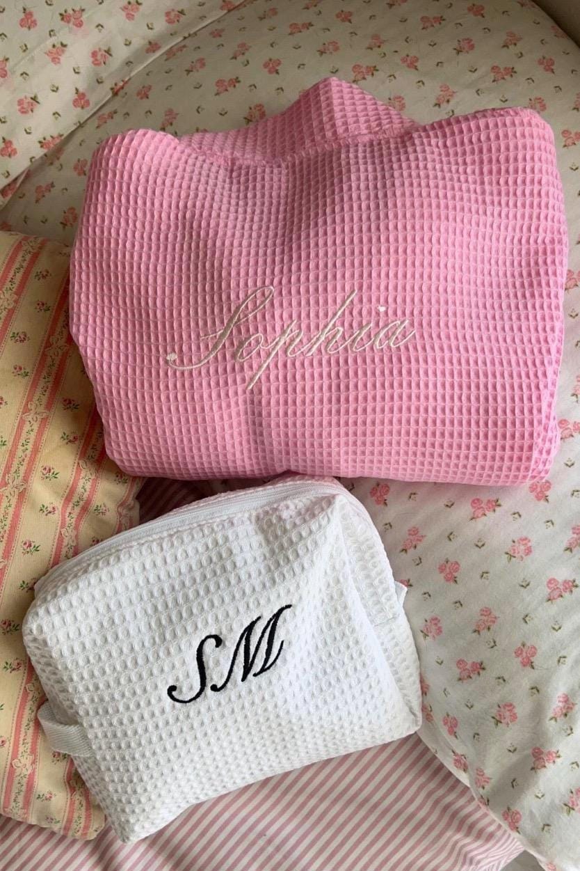 Personalized Embroidered White Waffle Cosmetic Makeup Bag I Embroidered Makeup Bag I Custom Embroidery I Custom Makeup Bag