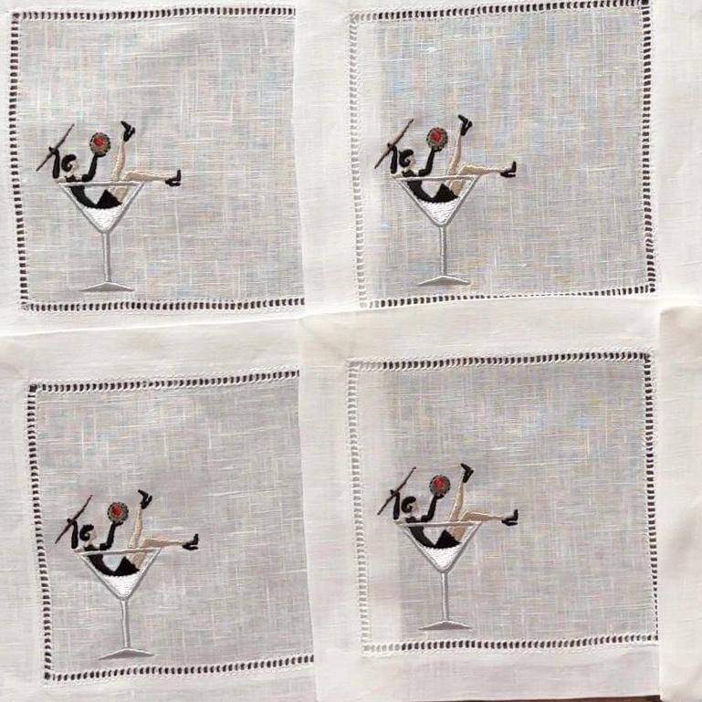 Set of Martini Lover Embroidered Cocktail Napkins I Cocktail Napkins I Embroidered Cocktail Napkins | Dirty Martini