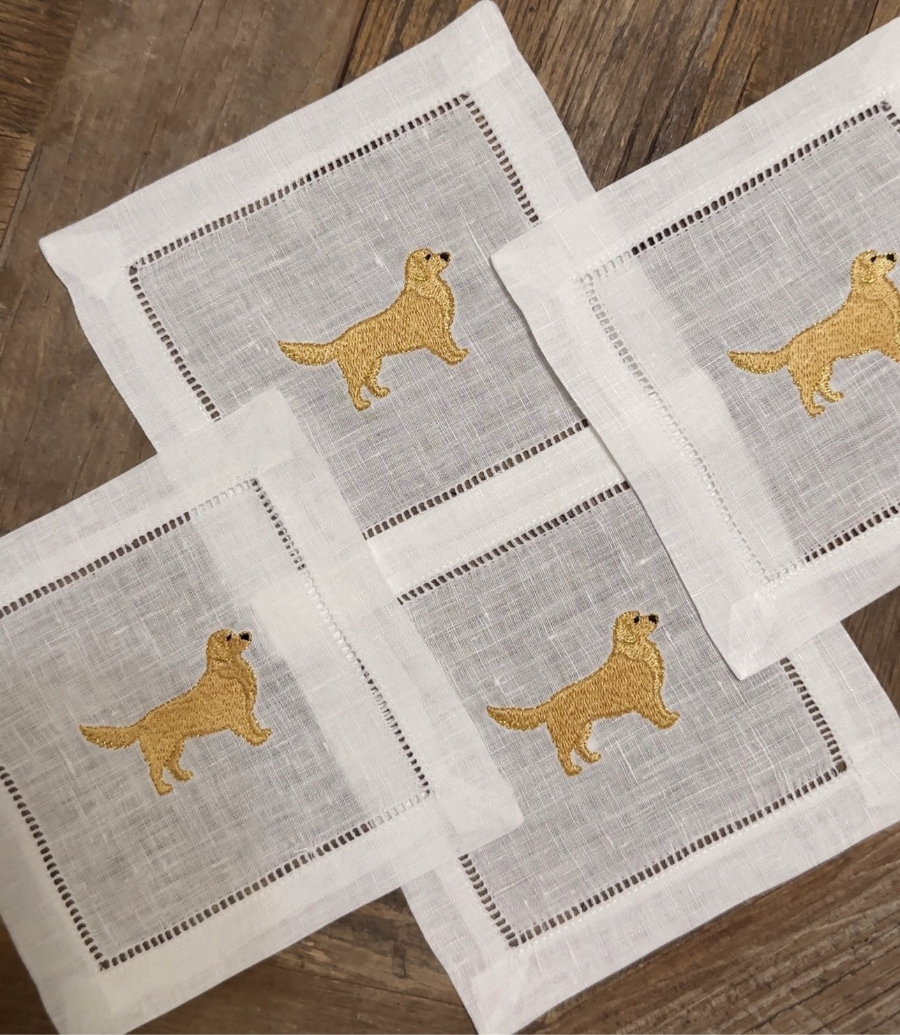 Golden Retriever Embroidered Linen Cocktail Napkins | Animal Embroidered Linen Cocktail Napkins