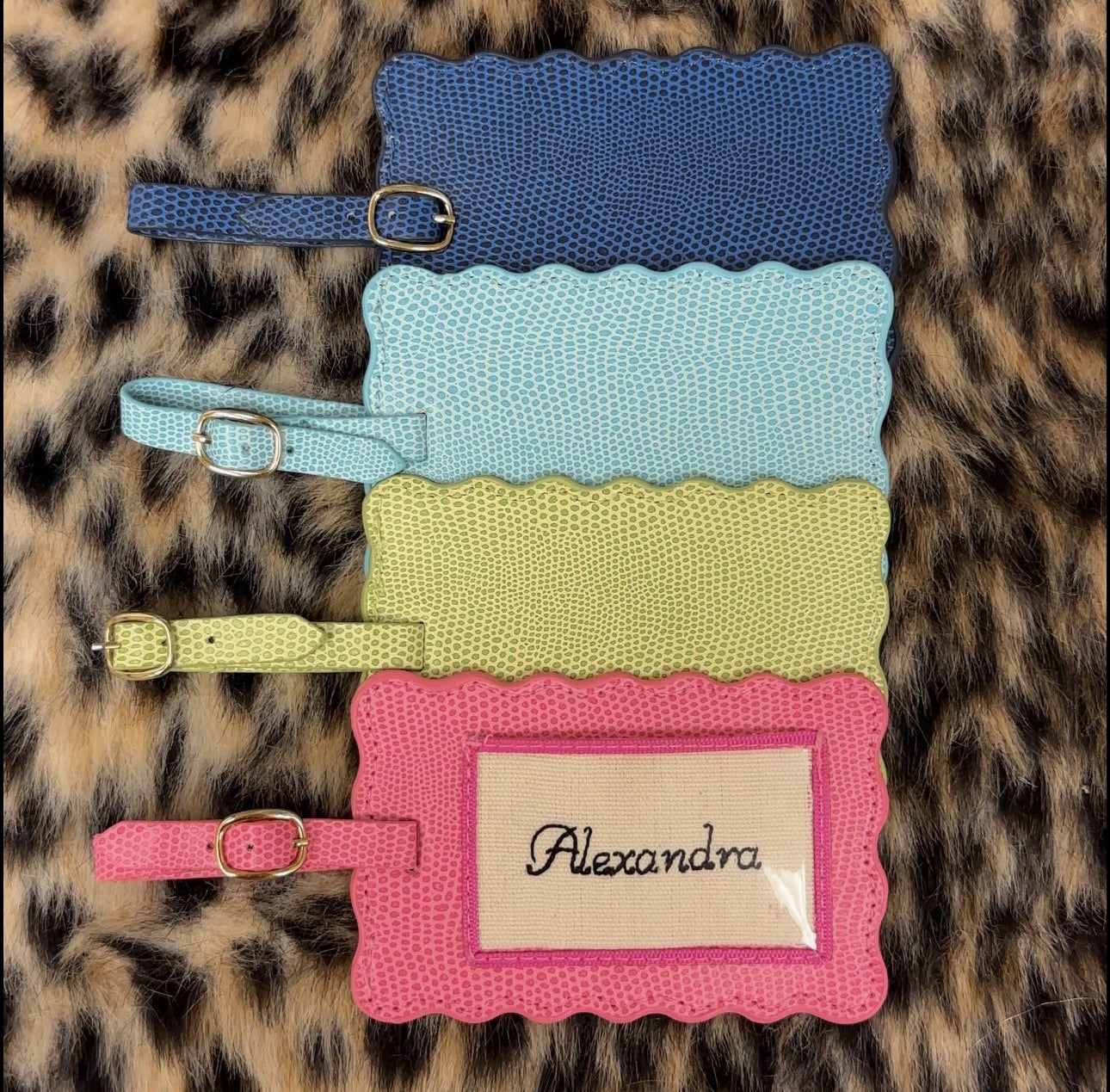 Scalloped Reptile Print Luggage Tag with Custom Embroidered Name