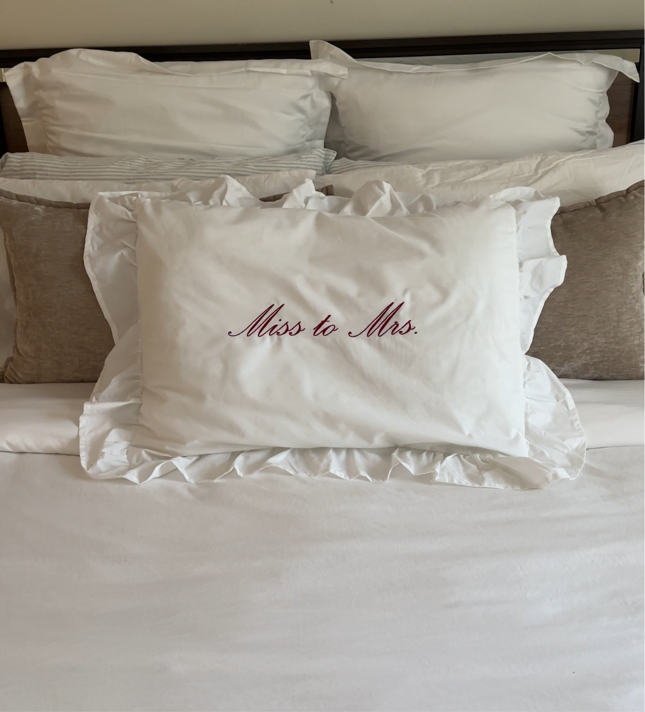 Personalized Embroidered White Ruffle Pillow Case | Just Married Pillow Case | Last name Pillow Case |  Miss to Mrs. Pillow Case