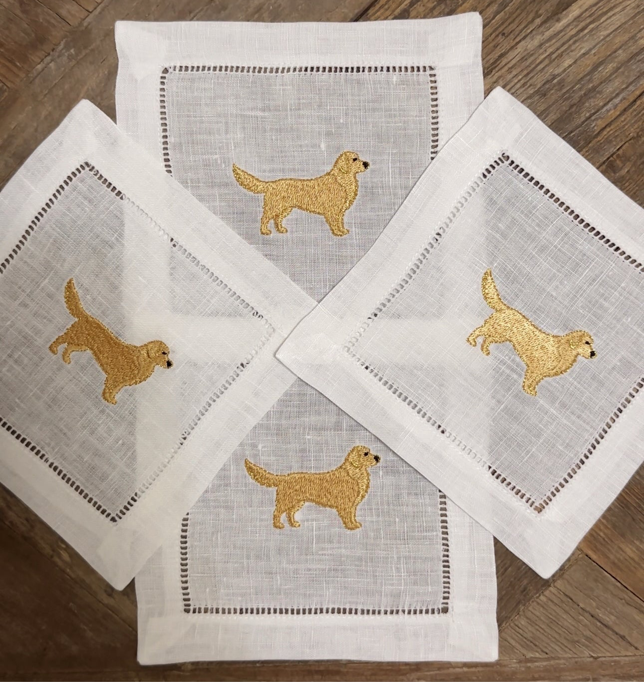 Golden Retriever Embroidered Linen Cocktail Napkins | Animal Embroidered Linen Cocktail Napkins