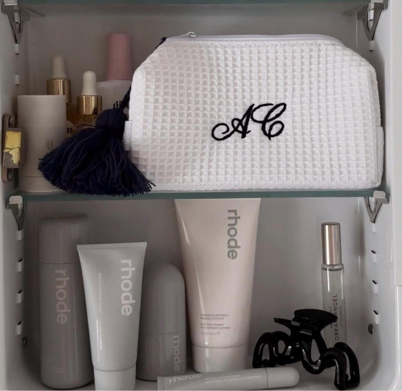 Personalized Embroidered White/Pink/Black/Navy Waffle Cosmetic Pouch I Embroidered Makeup Bag I Custom Embroidery I Custom Makeup Bag