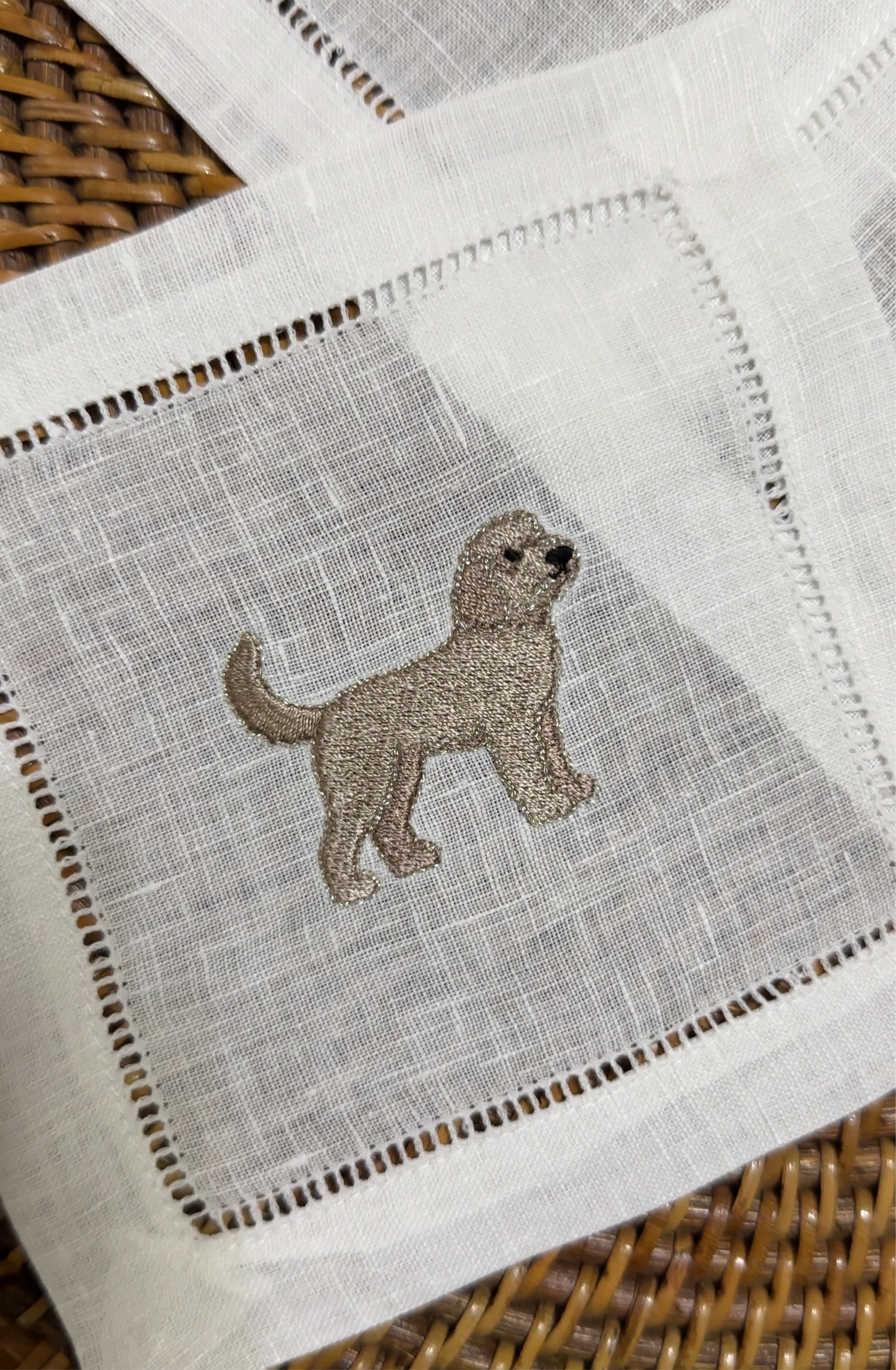 Golden Doodle Embroidered Linen Cocktail Napkins | Animal Embroidered Linen Cocktail Napkins | Mini Golden Doodle | Dog Mom Gifts