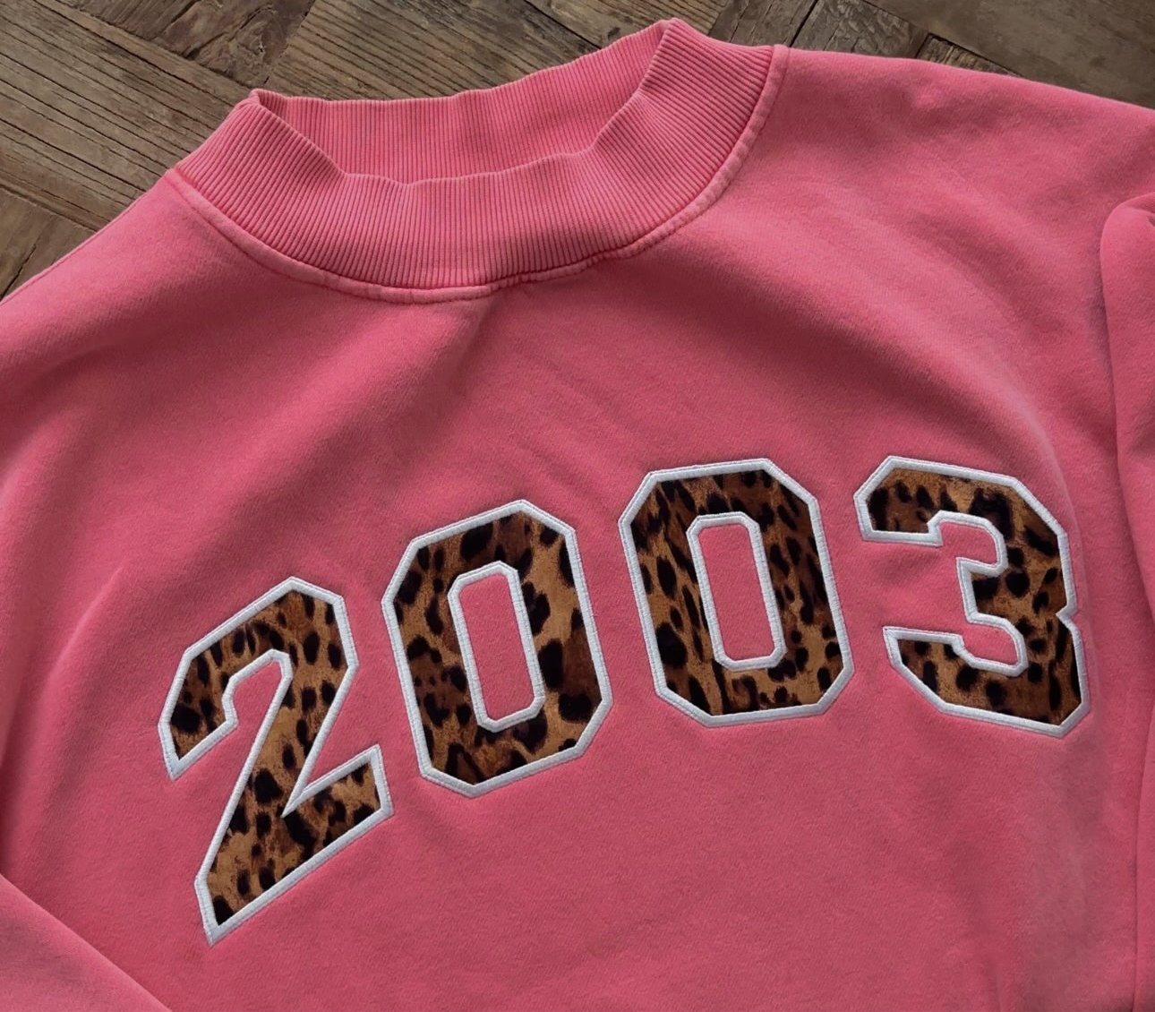 Varsity Font Embroidered Personalized Applique Oversized Mockneck Crewneck I Oversized Mockneck Crewneck | Pink/Blue/Green | Cheetah