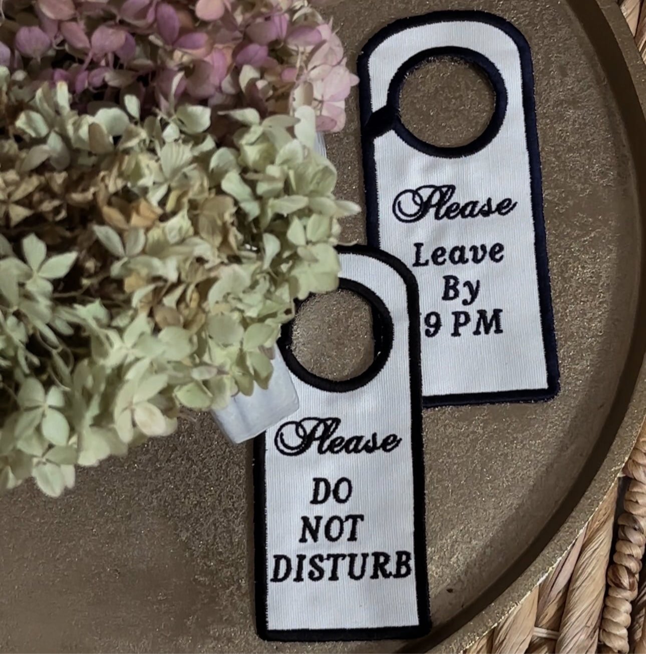 Handmade Embroidered Canvas Door Décor – ‘Please Leave by 9 PM’/‘Please Do Not Distrub’ | Personalizable | Do not disturb sign