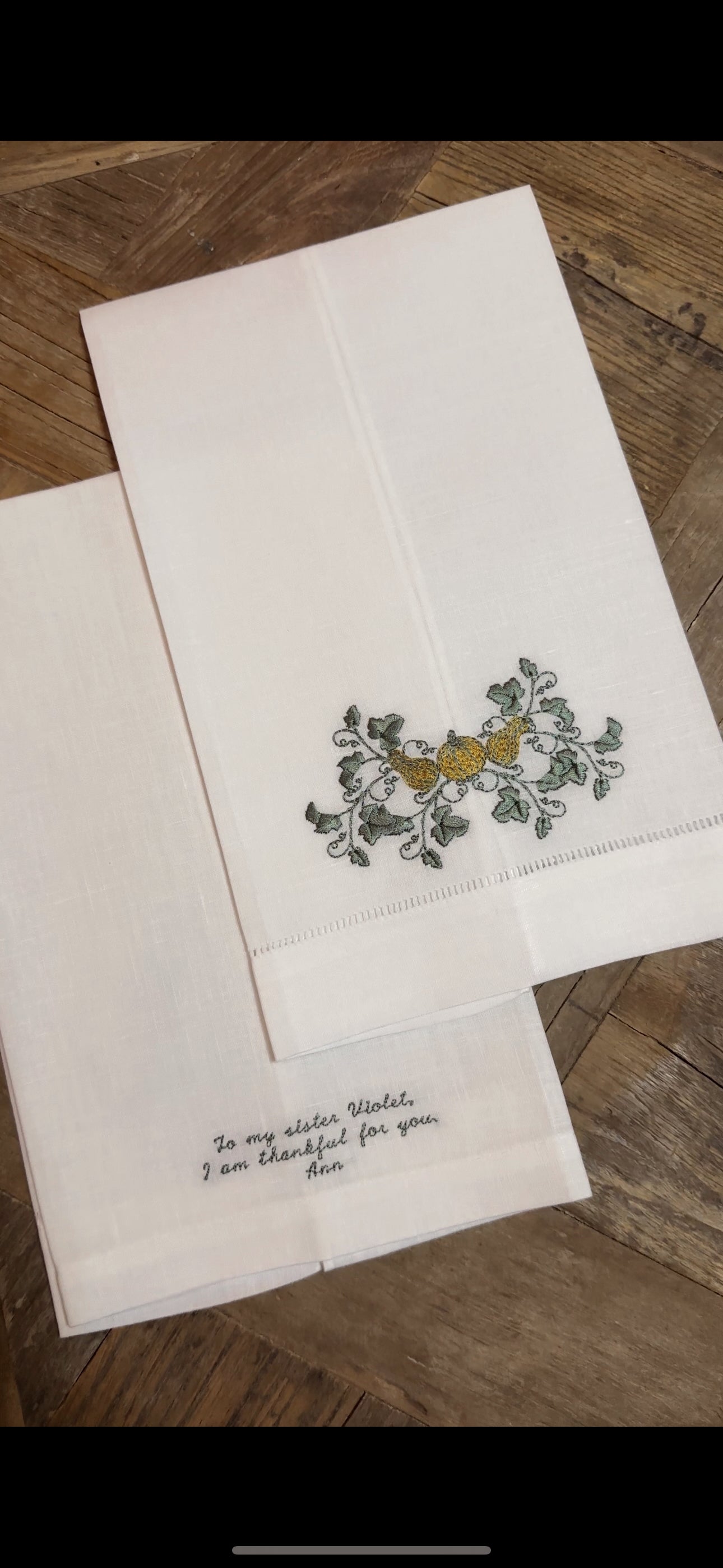 Custom Embroidered Linen Towel | 100% White Linen | Thanksgiving | Customized Handwriting Embroidered Gift | Double Sided Embroidered Towel