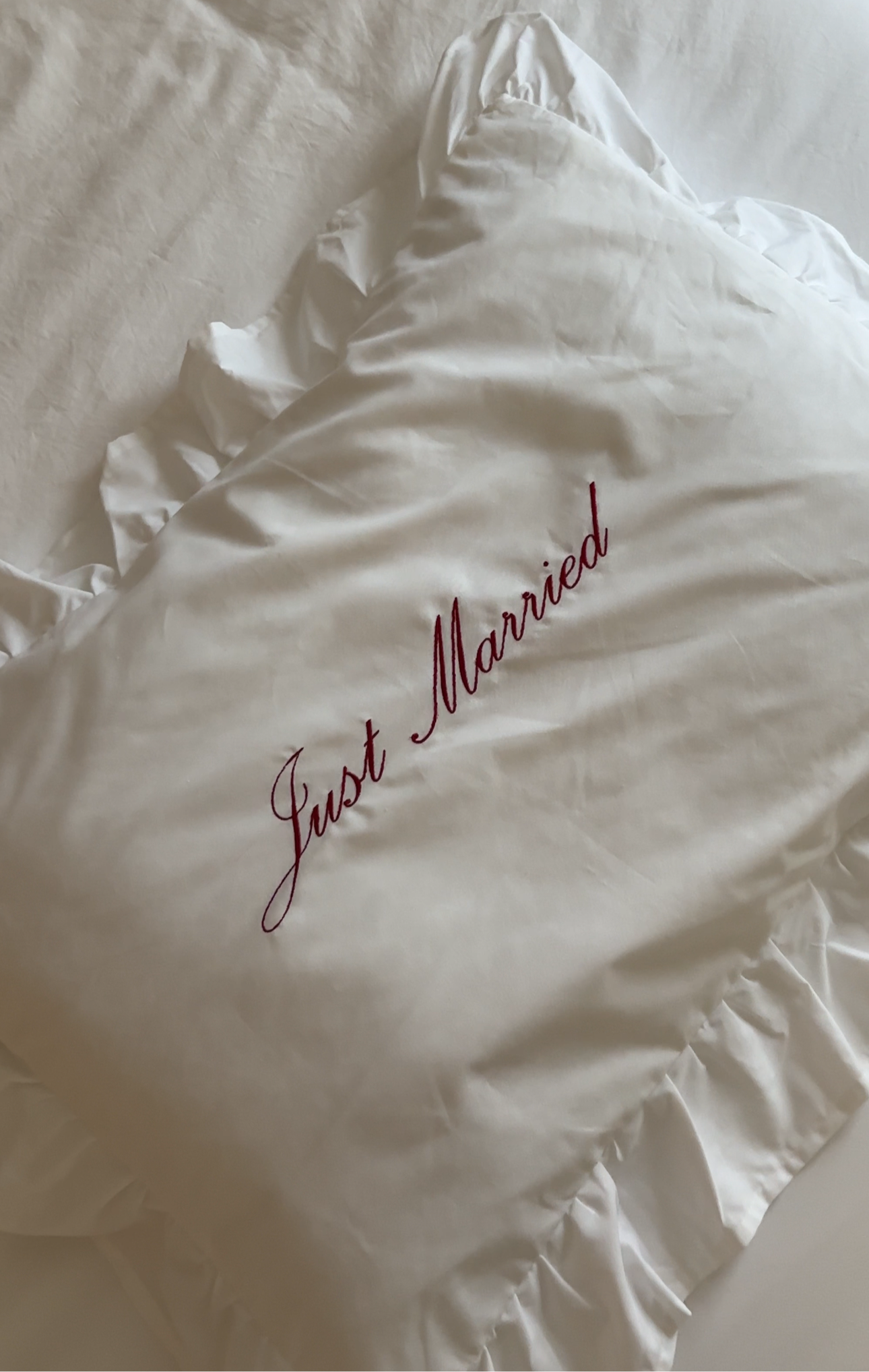 Personalized Embroidered White Ruffle Pillow Case | Just Married Pillow Case | Last name Pillow Case |  Miss to Mrs. Pillow Case