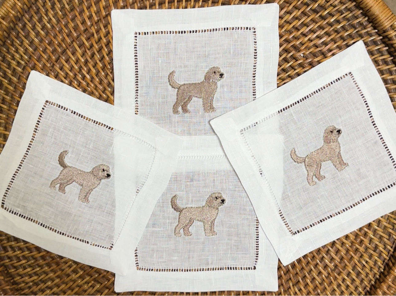 Golden Doodle Embroidered Linen Cocktail Napkins | Animal Embroidered Linen Cocktail Napkins | Mini Golden Doodle | Dog Mom Gifts