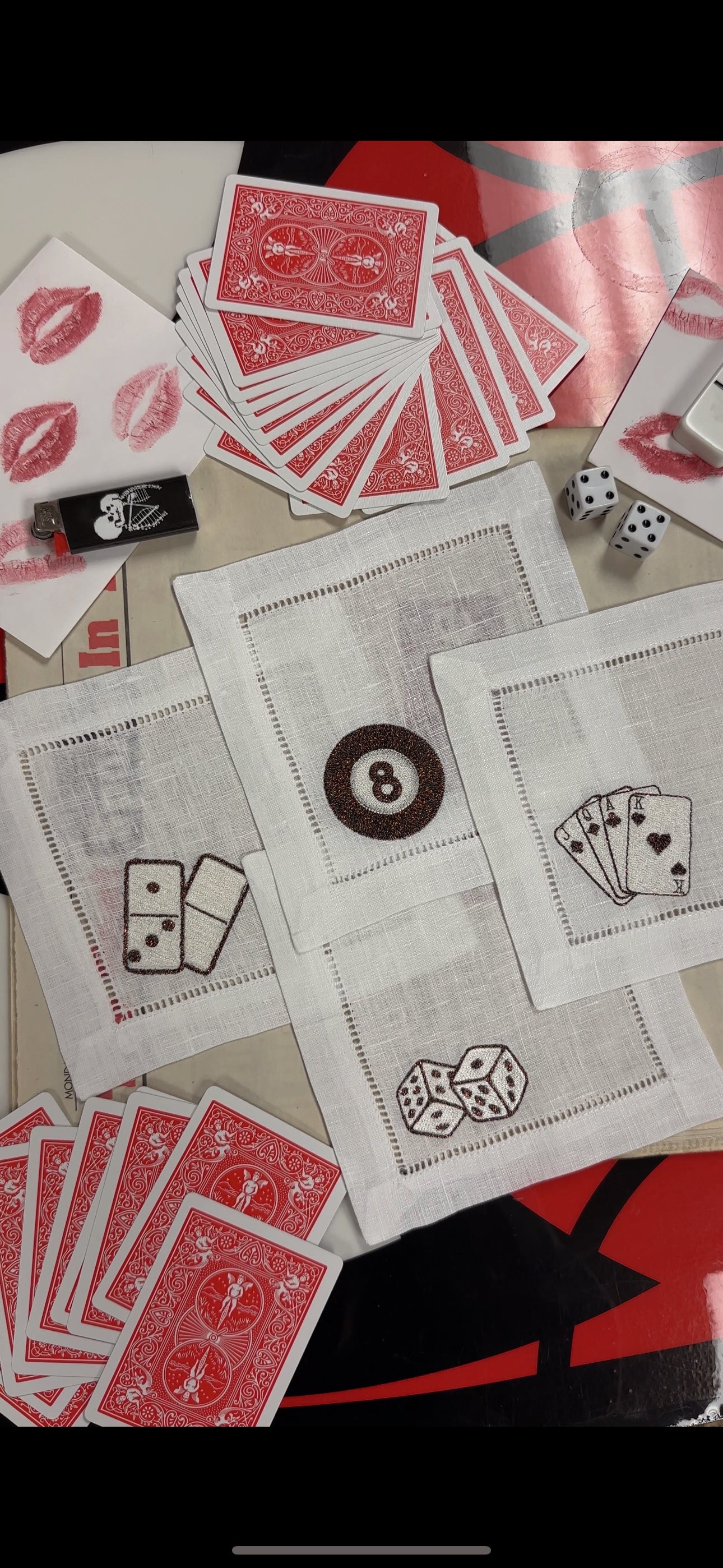 Embroidered Linen Cocktail Napkins: Game Night Set | Dice | 8 Ball | Dominos | Deck of Cards | Embroidery | Game Night Must Haves