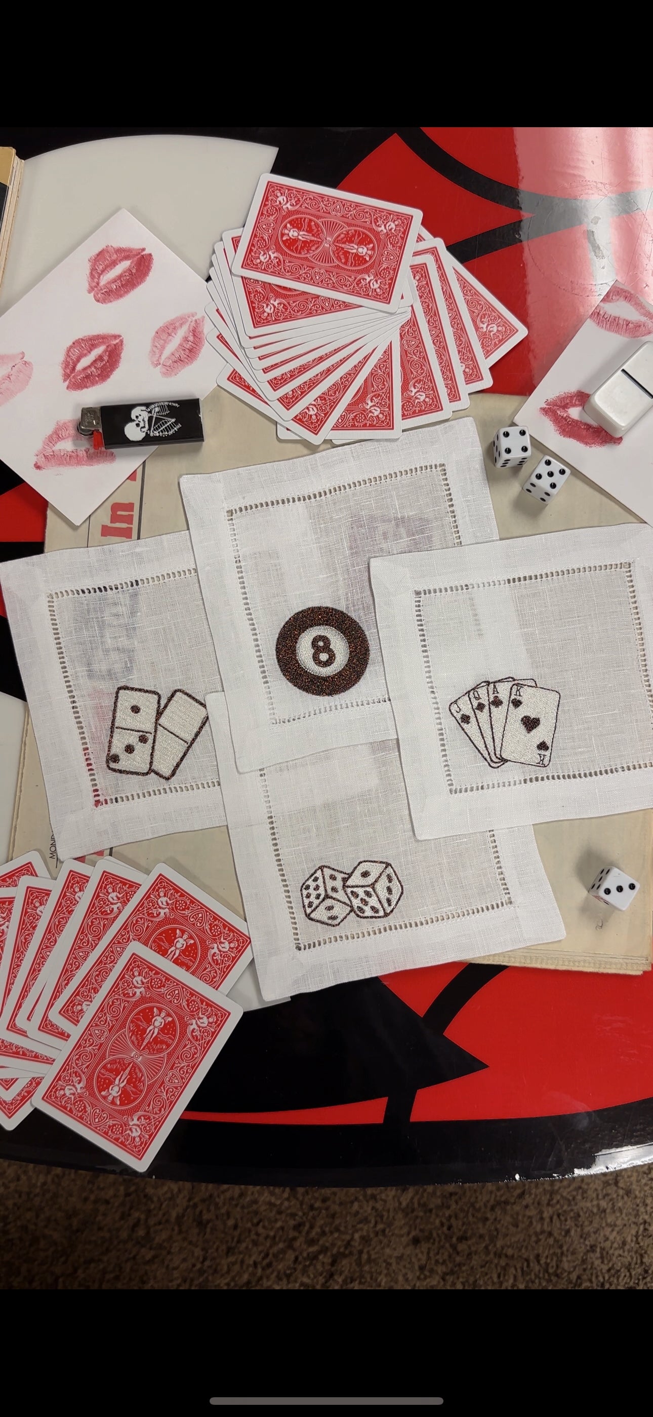 Embroidered Linen Cocktail Napkins: Game Night Set | Dice | 8 Ball | Dominos | Deck of Cards | Embroidery | Game Night Must Haves