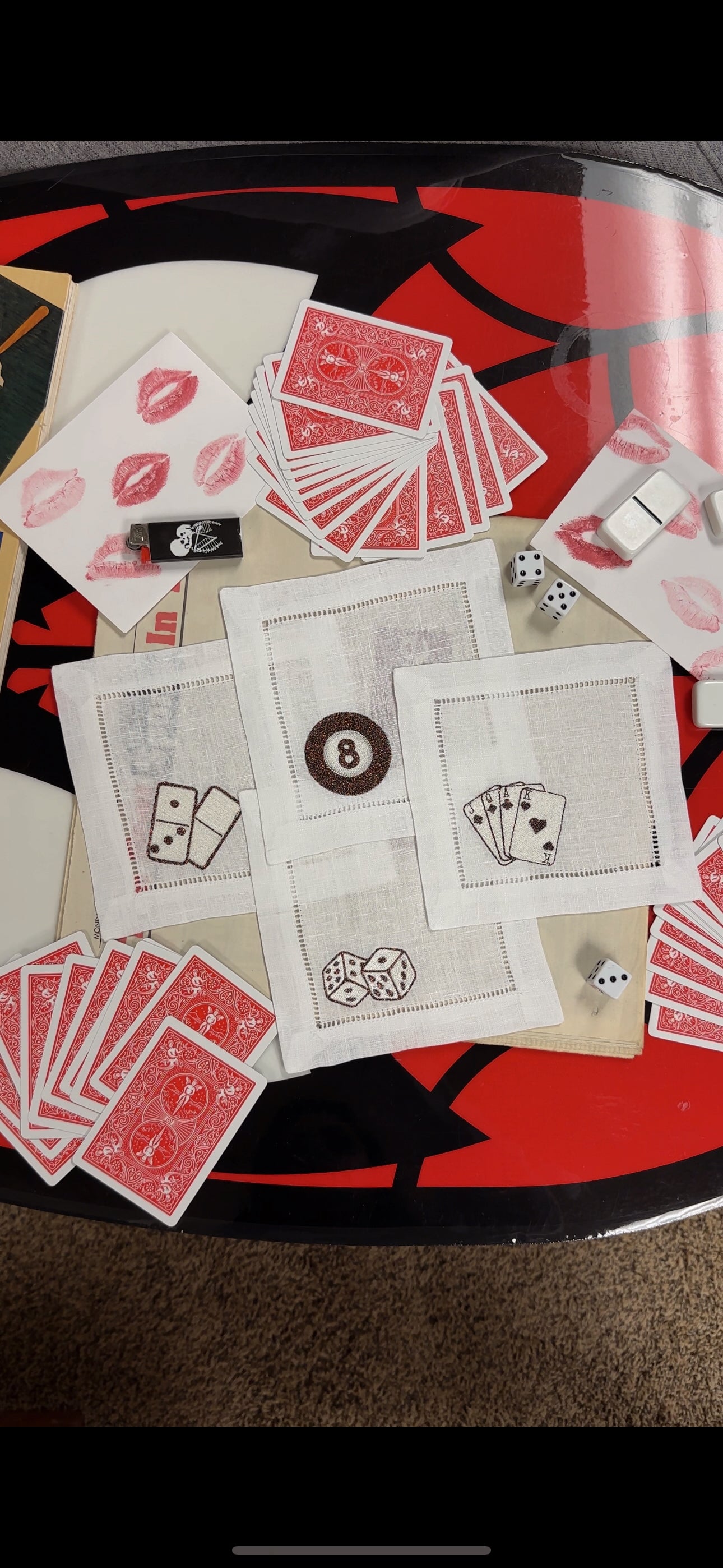 Embroidered Linen Cocktail Napkins: Game Night Set | Dice | 8 Ball | Dominos | Deck of Cards | Embroidery | Game Night Must Haves