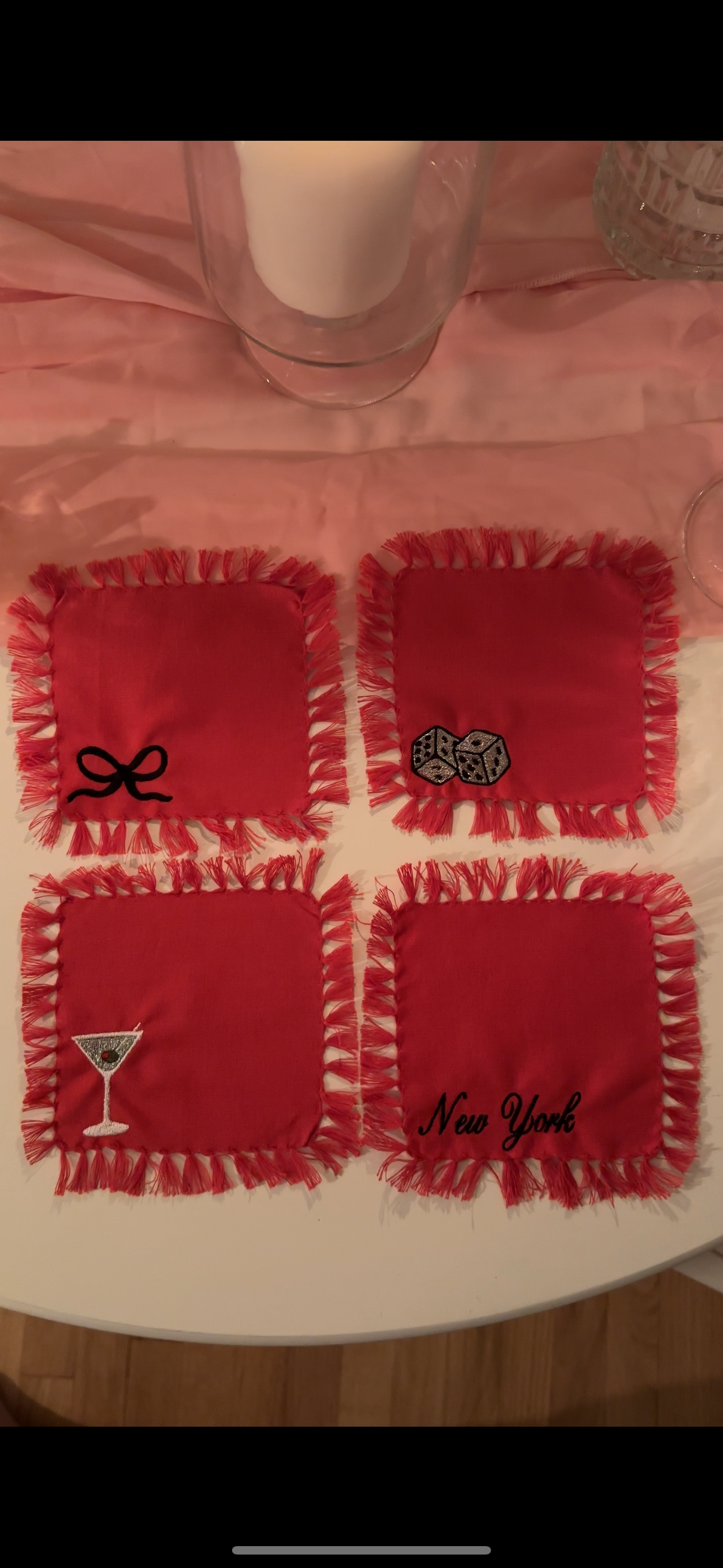Embroidered Fringe Cocktail Napkins: New York, Dirty Martini, Dice, Bow | NY Cocktail Napkins