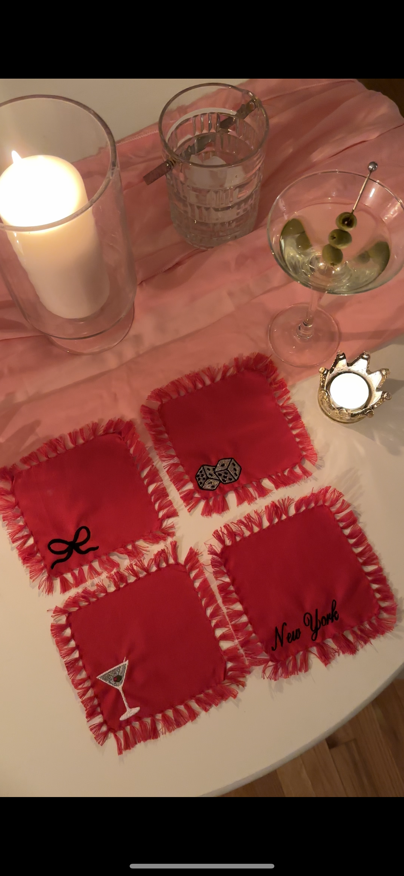 Embroidered Fringe Cocktail Napkins: New York, Dirty Martini, Dice, Bow | NY Cocktail Napkins