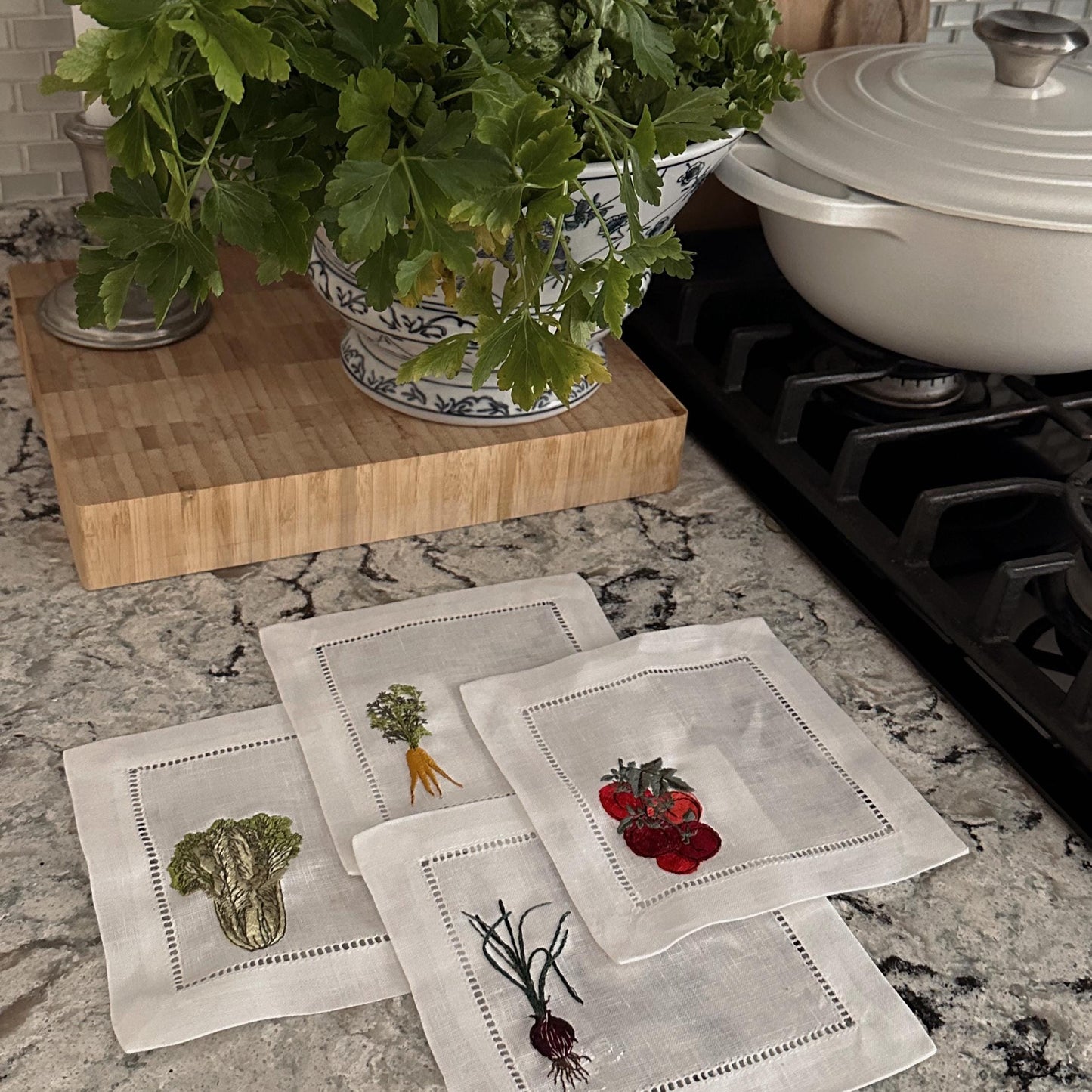 Set of Four Veggie Cocktail Napkins I Cocktail napkins I Embroidered Cocktail Napkins