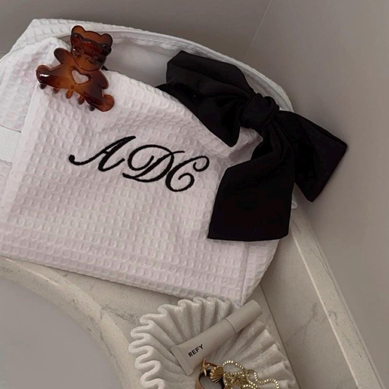 Personalized Embroidered White Waffle Cosmetic Makeup Bag I Embroidered Makeup Bag I Custom Embroidery I Custom Makeup Bag