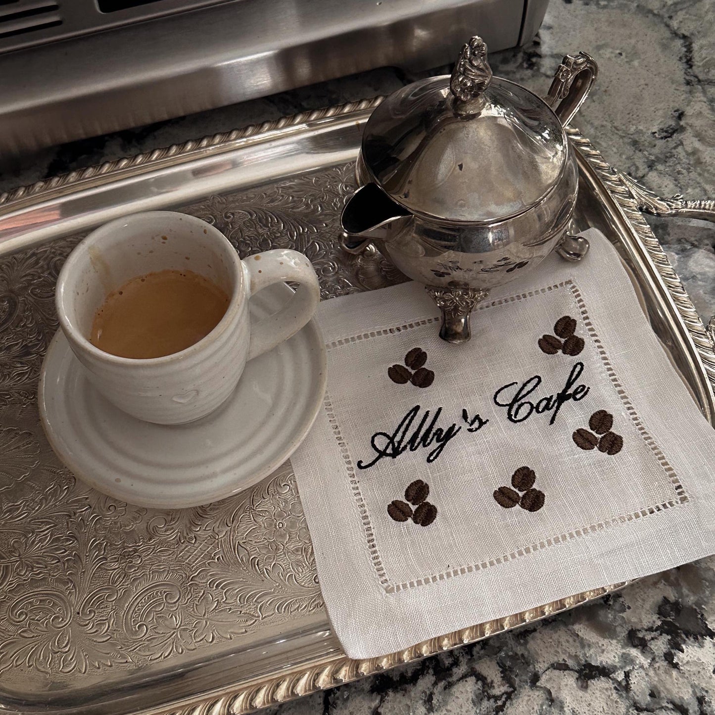 Set of Customized Name Cafe Embroidered Cocktail Napkins I Cocktail napkins I Embroidered Cocktail Napkins I Ally's Cafe I Coffee Lover