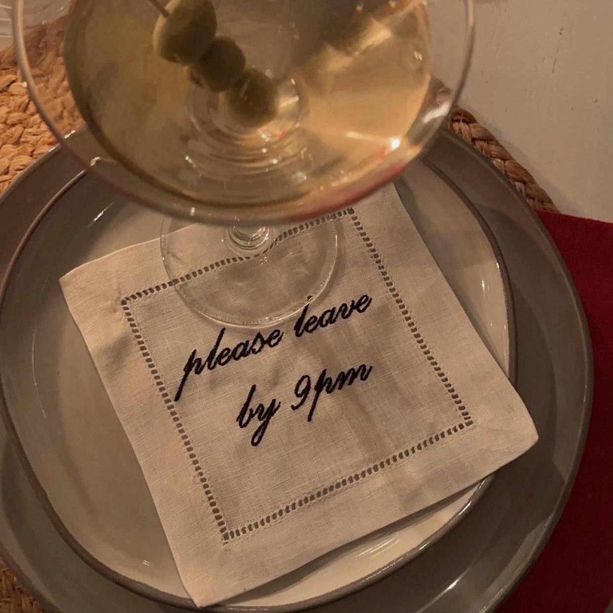 Set of Please Leave by 9 pm Embroidered Cocktail Napkins I Cocktail napkins I Embroidered Cocktail Napkins