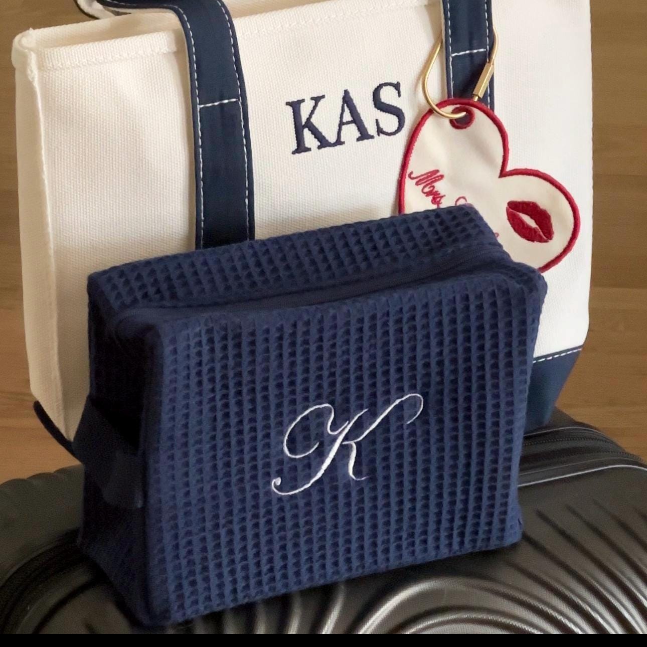 Big Letter Embroidered Navy Waffle Cosmetic Makeup Bag I Embroidered Makeup Bag I Custom Embroidery I Custom Makeup Bag
