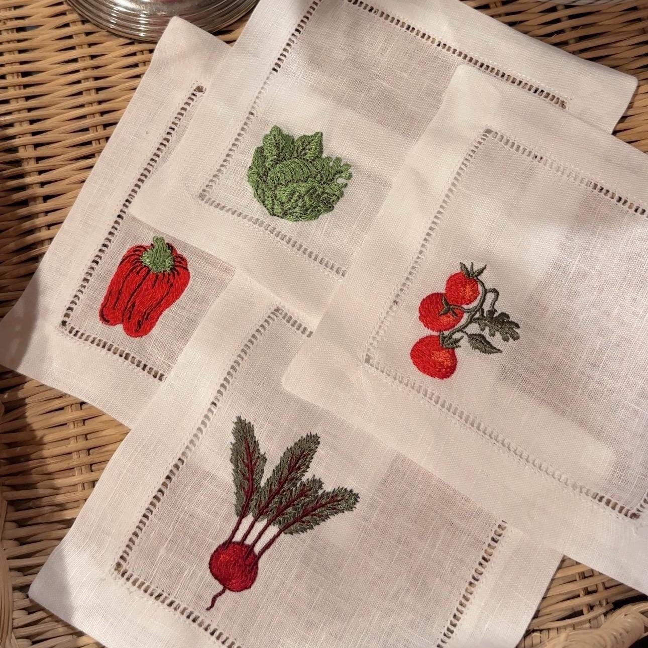 Set of Four Veggie Cocktail Napkins I Cocktail napkins I Embroidered Cocktail Napkins I Red Pepper I Beet I Tomato I Cabbage
