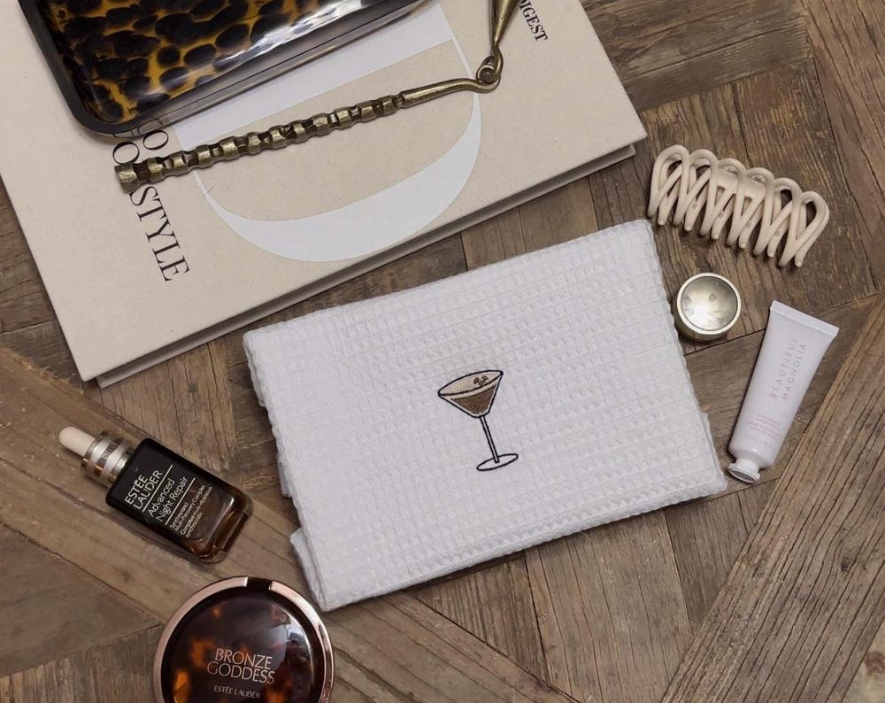 Espresso Martini Embroidered White Waffle Cosmetic Makeup Bag