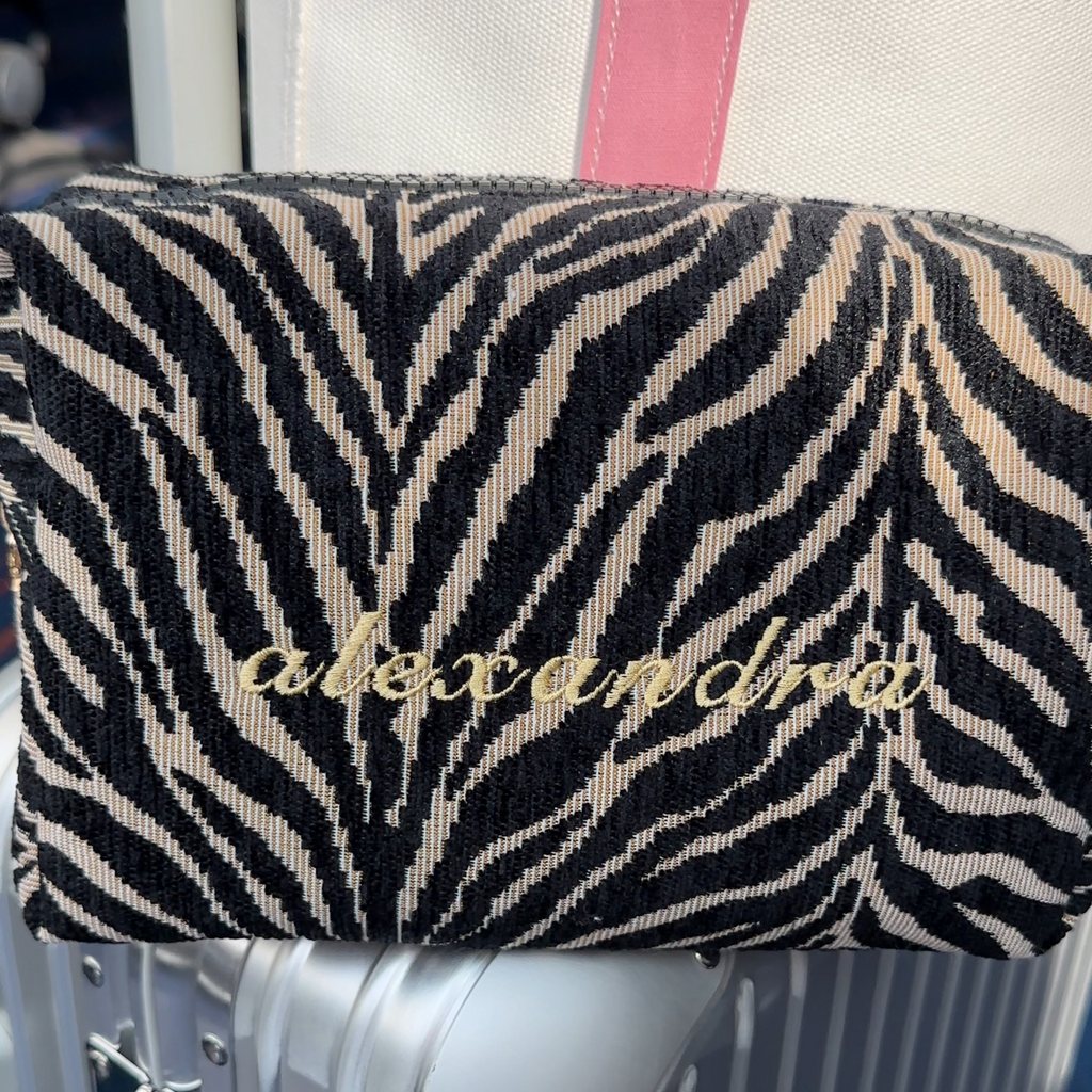 Embroidered Zebra Print Cosmetic Bag