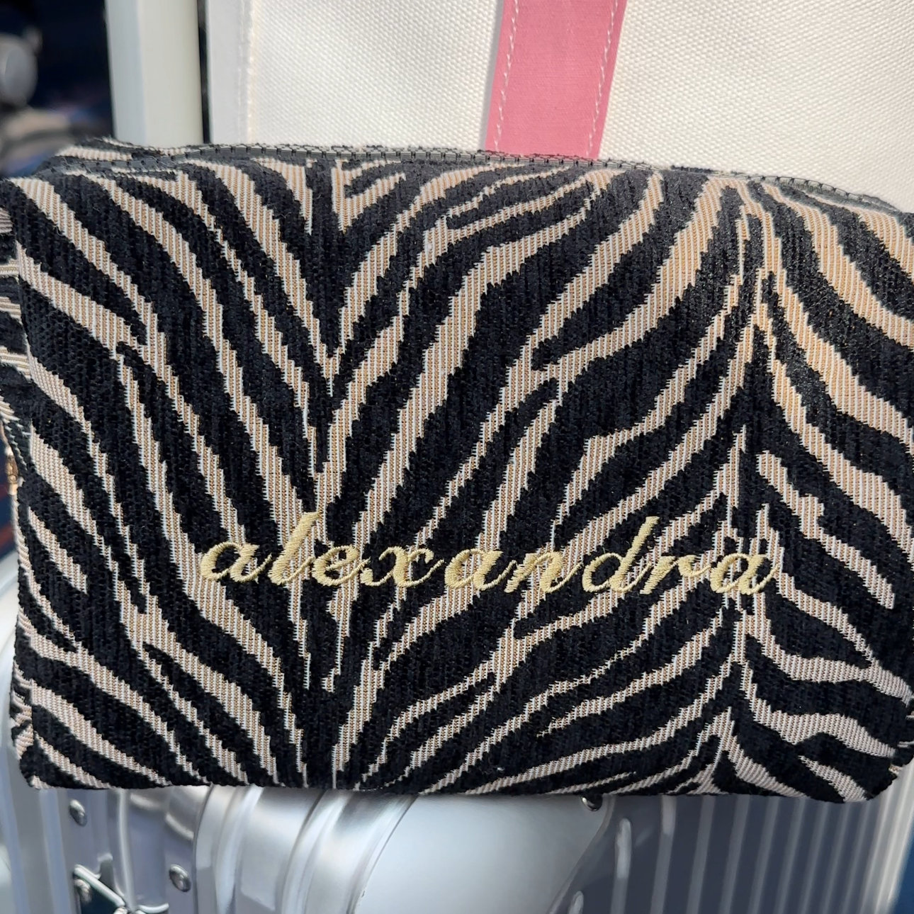 Embroidered Zebra Print Cosmetic Bag
