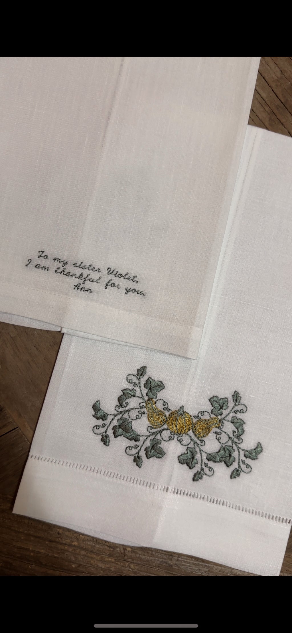 Custom Embroidered Linen Towel | 100% White Linen | Thanksgiving | Customized Handwriting Embroidered Gift | Double Sided Embroidered Towel