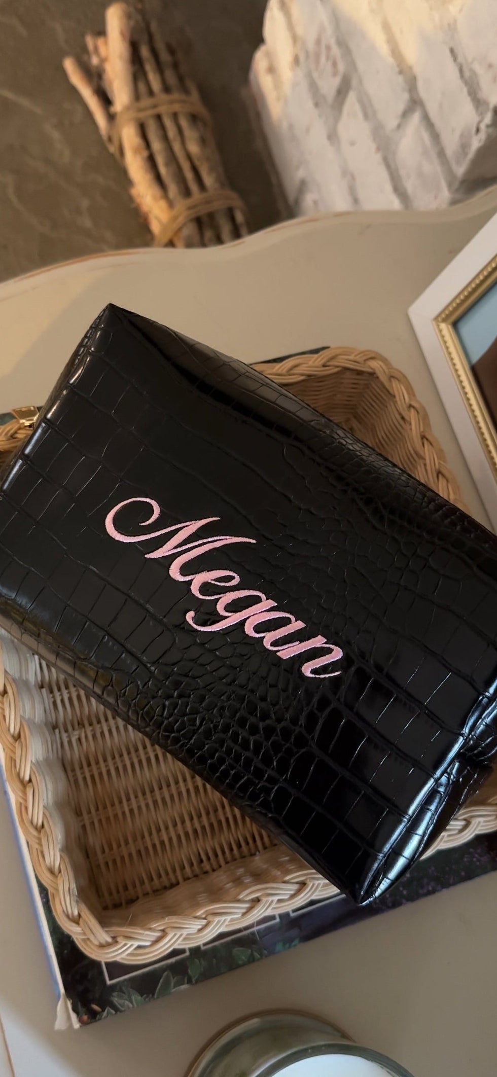 Croc Vegan Leather Embroidered Makeup Bag: Personalized Cosmetic Bag
