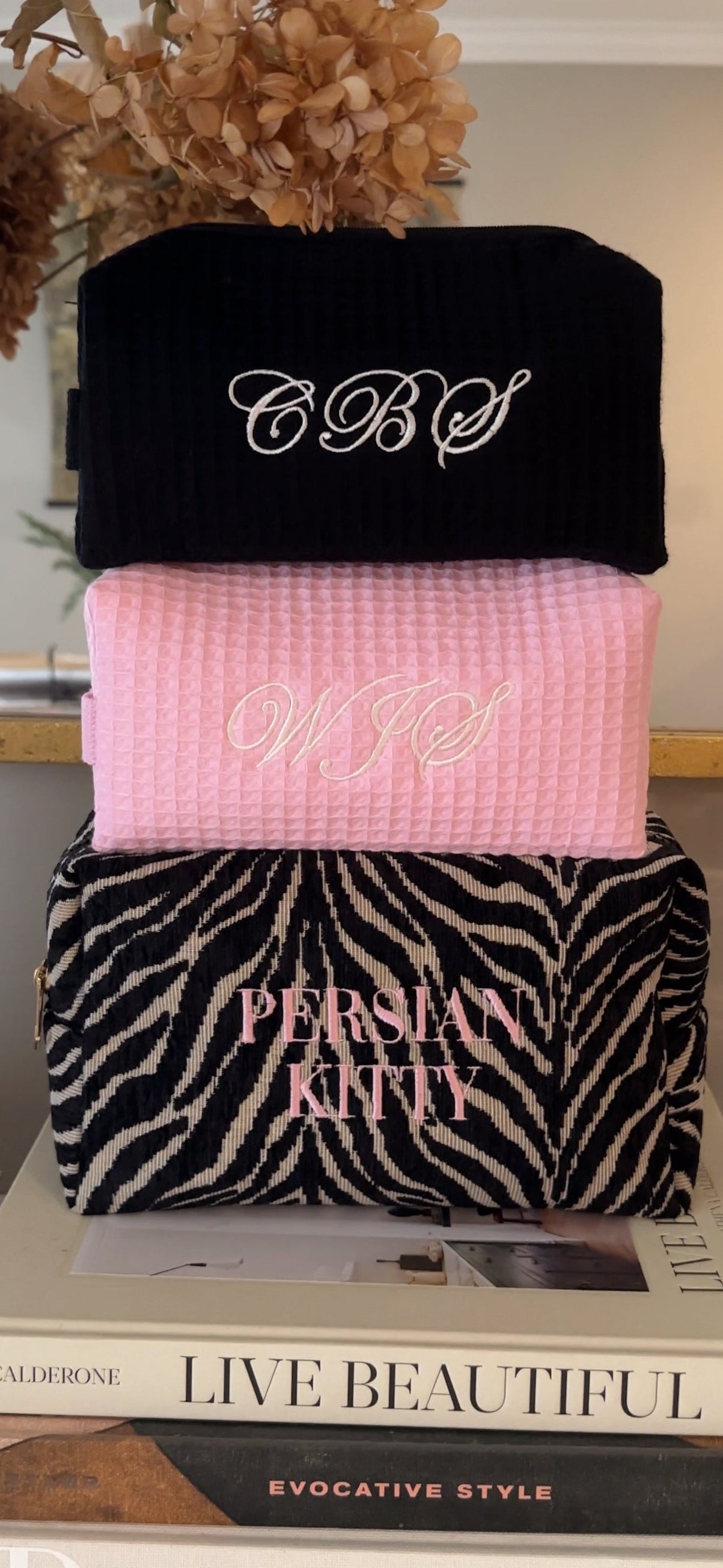 Embroidered Zebra Print Cosmetic Bag: Personalized Makeup Bag