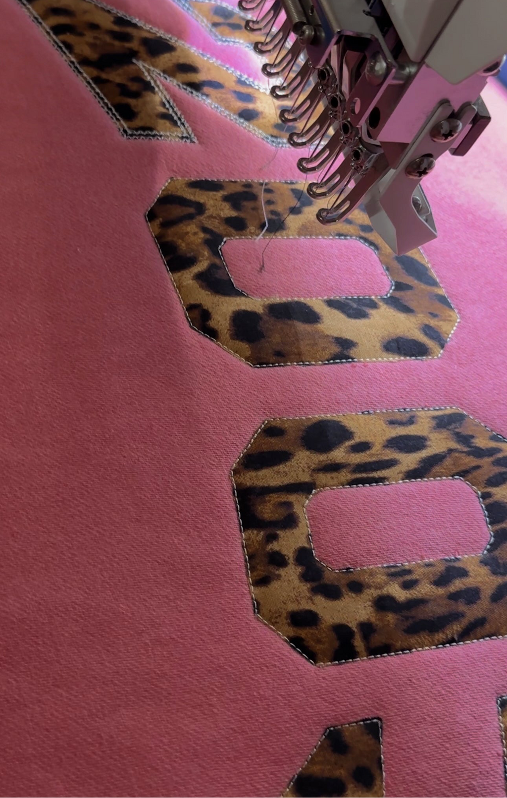 Varsity Font Embroidered Personalized Applique Oversized Mockneck Crewneck I Oversized Mockneck Crewneck | Pink/Blue/Green | Cheetah