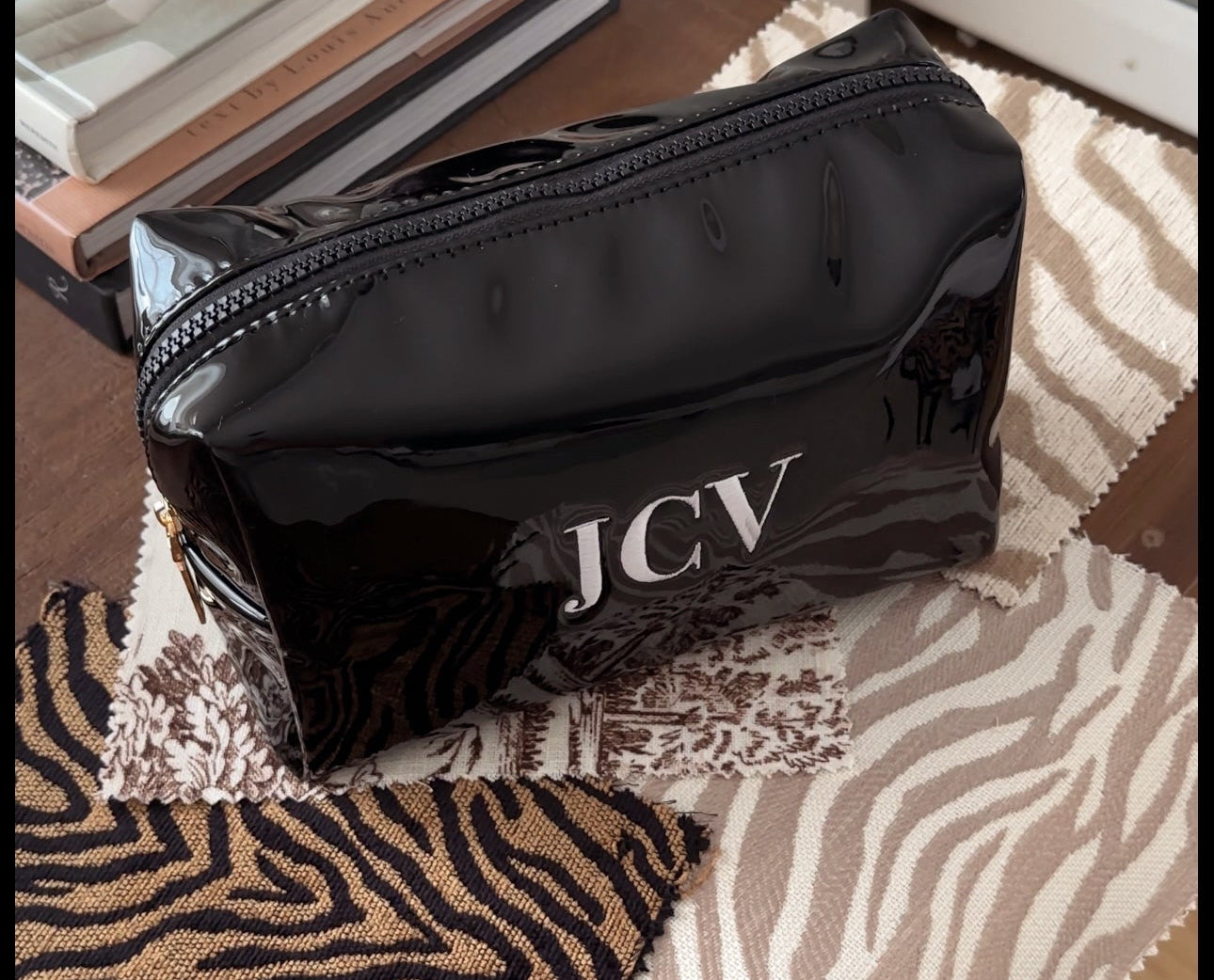 Vegan Patent Pending Leather Embroidered Makeup Bag