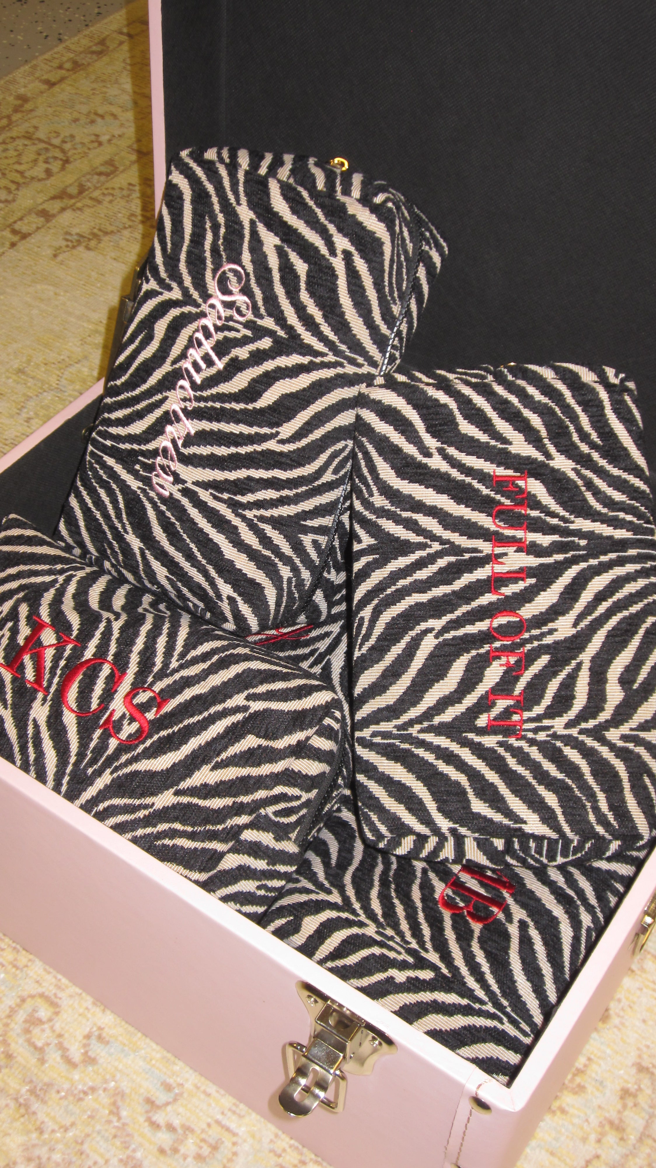 Embroidered Zebra Print Cosmetic Bag: Personalized Makeup Bag