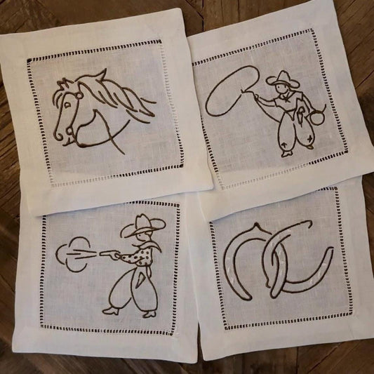 Set of Four Western Embroidered Cocktail Napkins I Cocktail Napkins I Embroidered Cocktail Napkins | Horse | Cowboy | Horseshoe