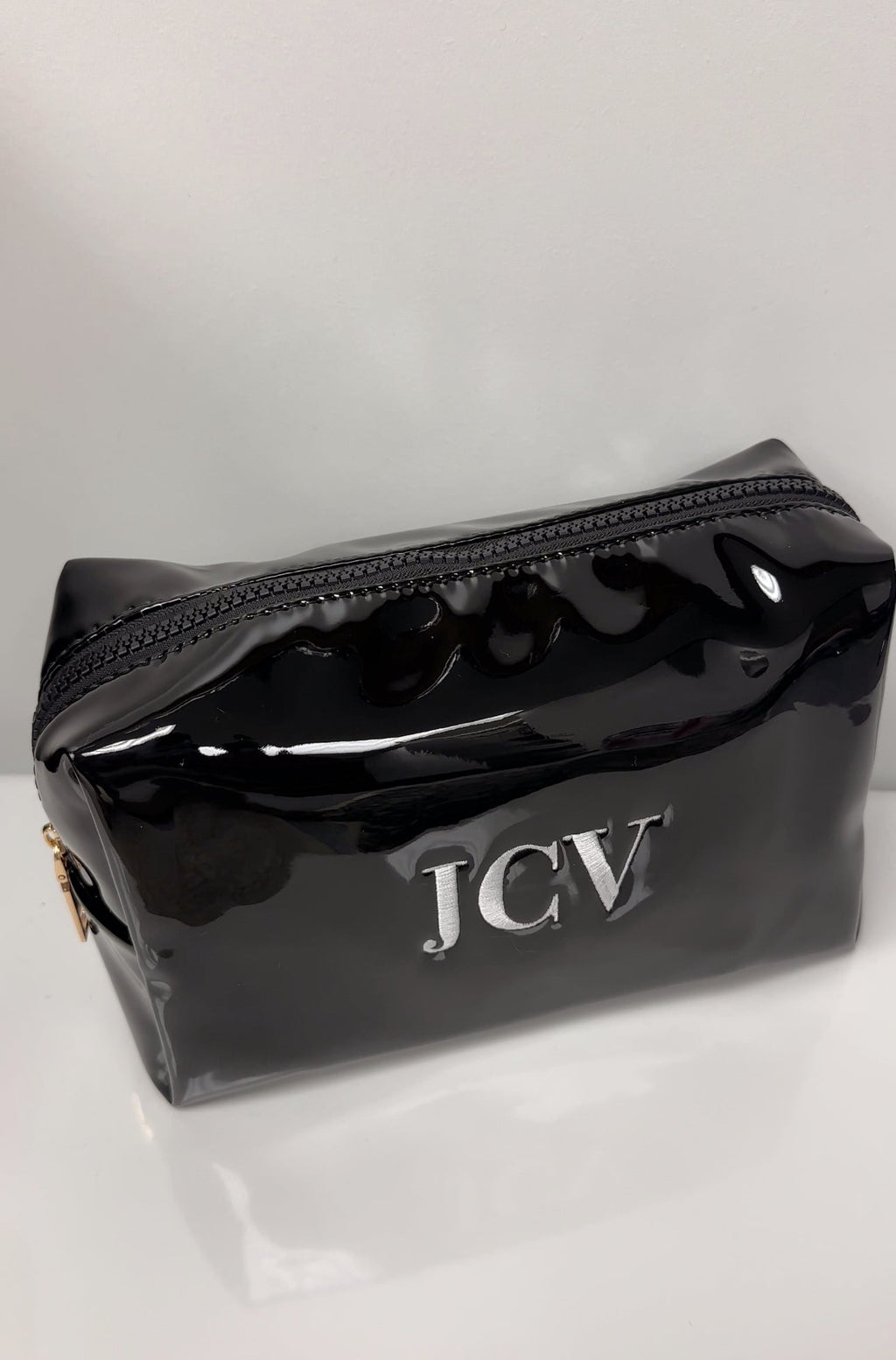 Vegan Patent Pending Leather Embroidered Makeup Bag
