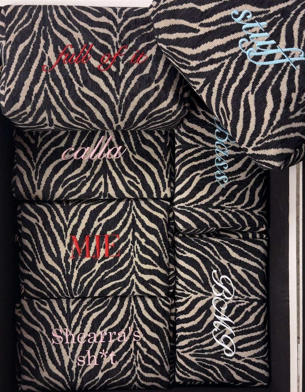 Embroidered Zebra Print Cosmetic Bag: Personalized Makeup Bag