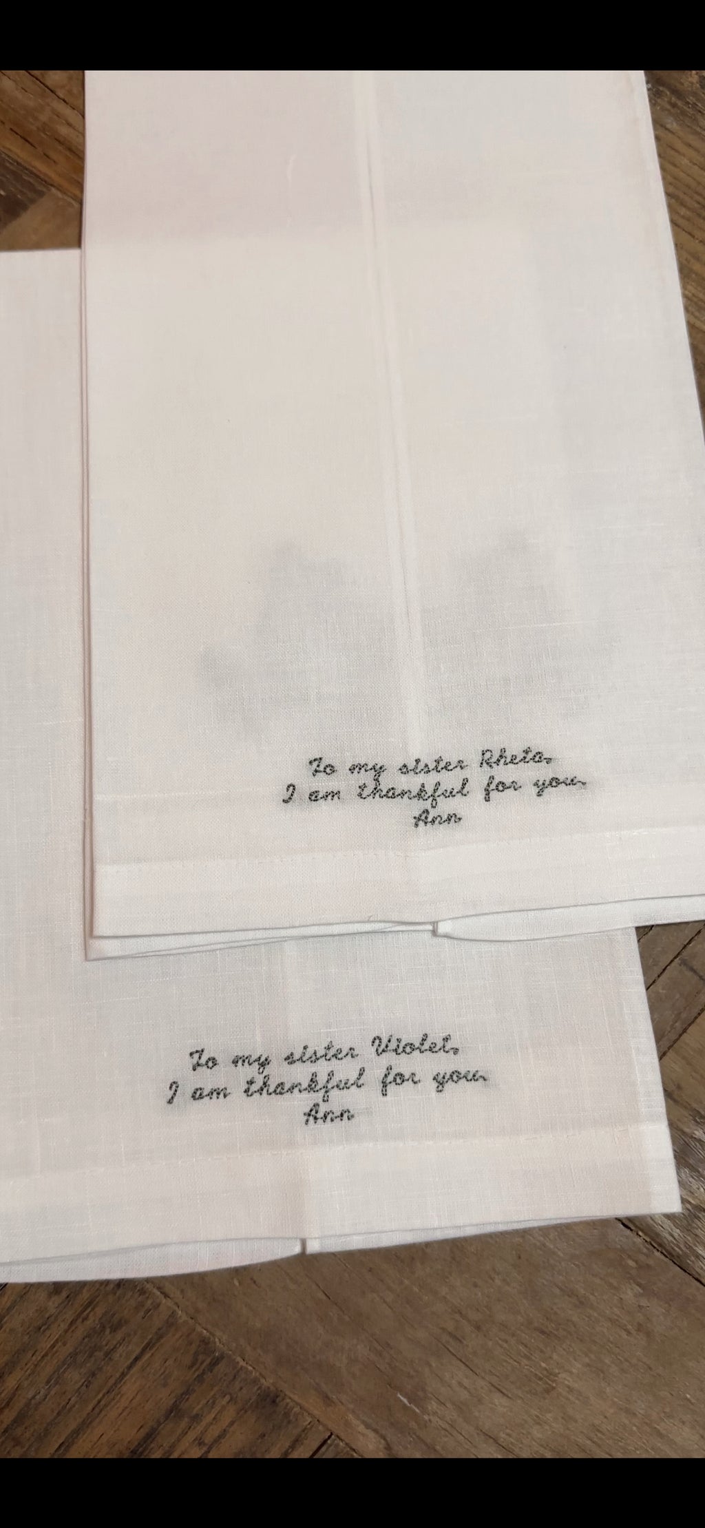 Custom Embroidered Linen Towel | 100% White Linen | Thanksgiving | Customized Handwriting Embroidered Gift | Double Sided Embroidered Towel